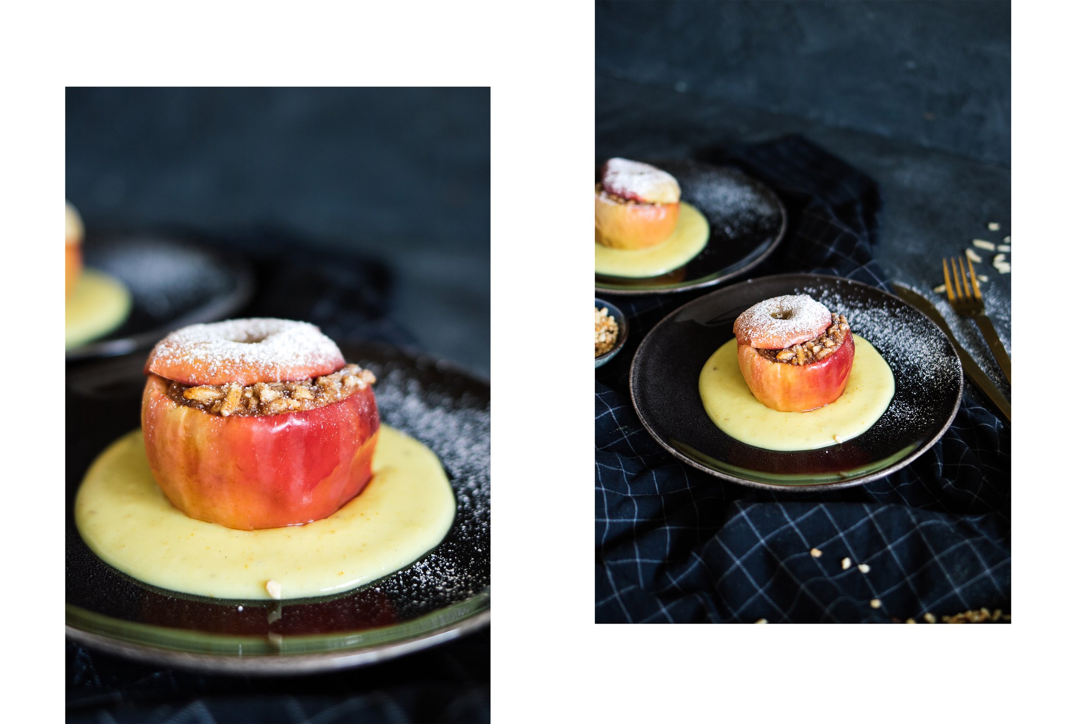 vegan baked apple stuffed with marzipan and nuts