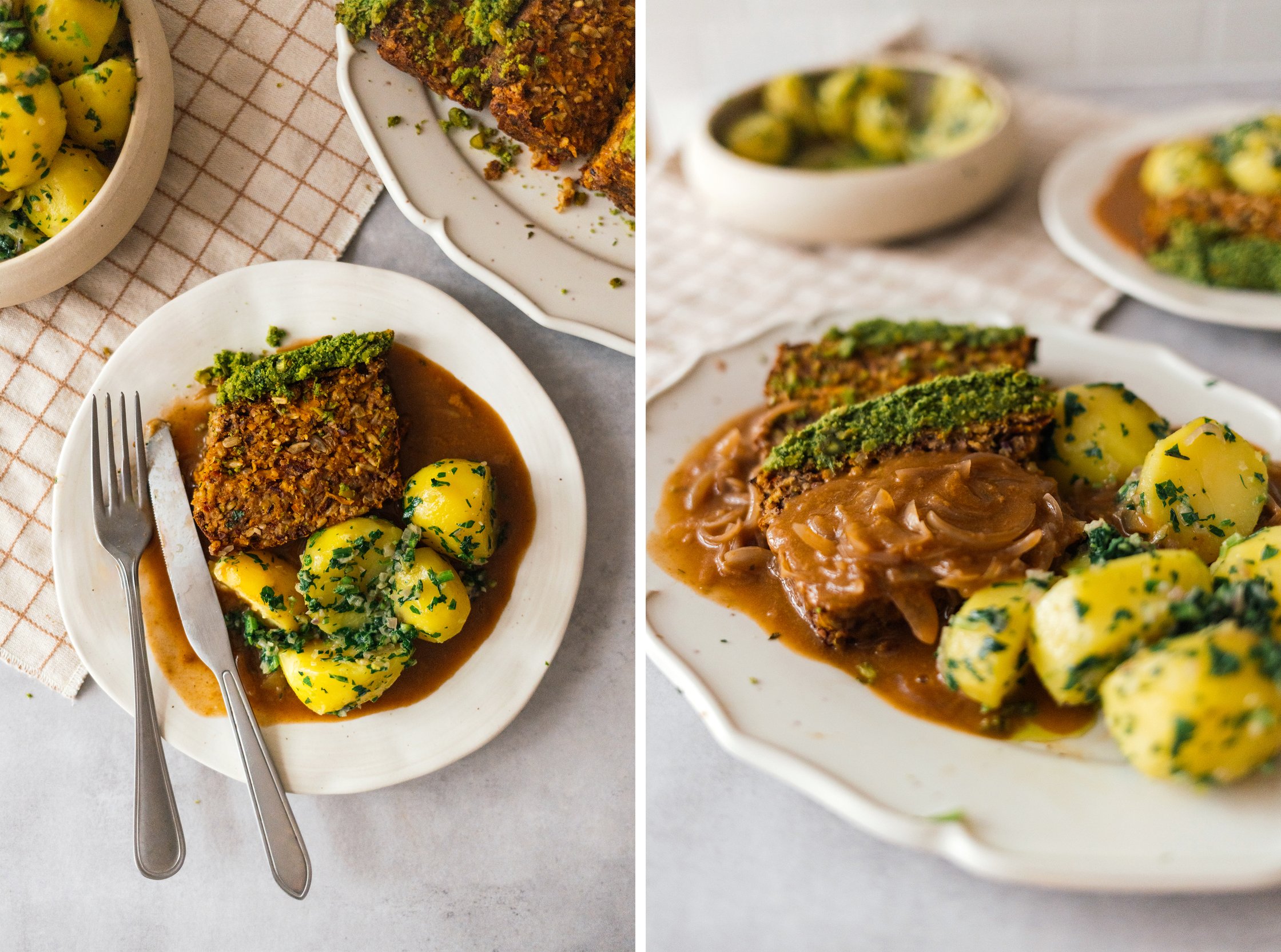 ein teller Veganer Braten mit Kräuterkruste, Petersilienkartoffeln und Zwiebel-Soße