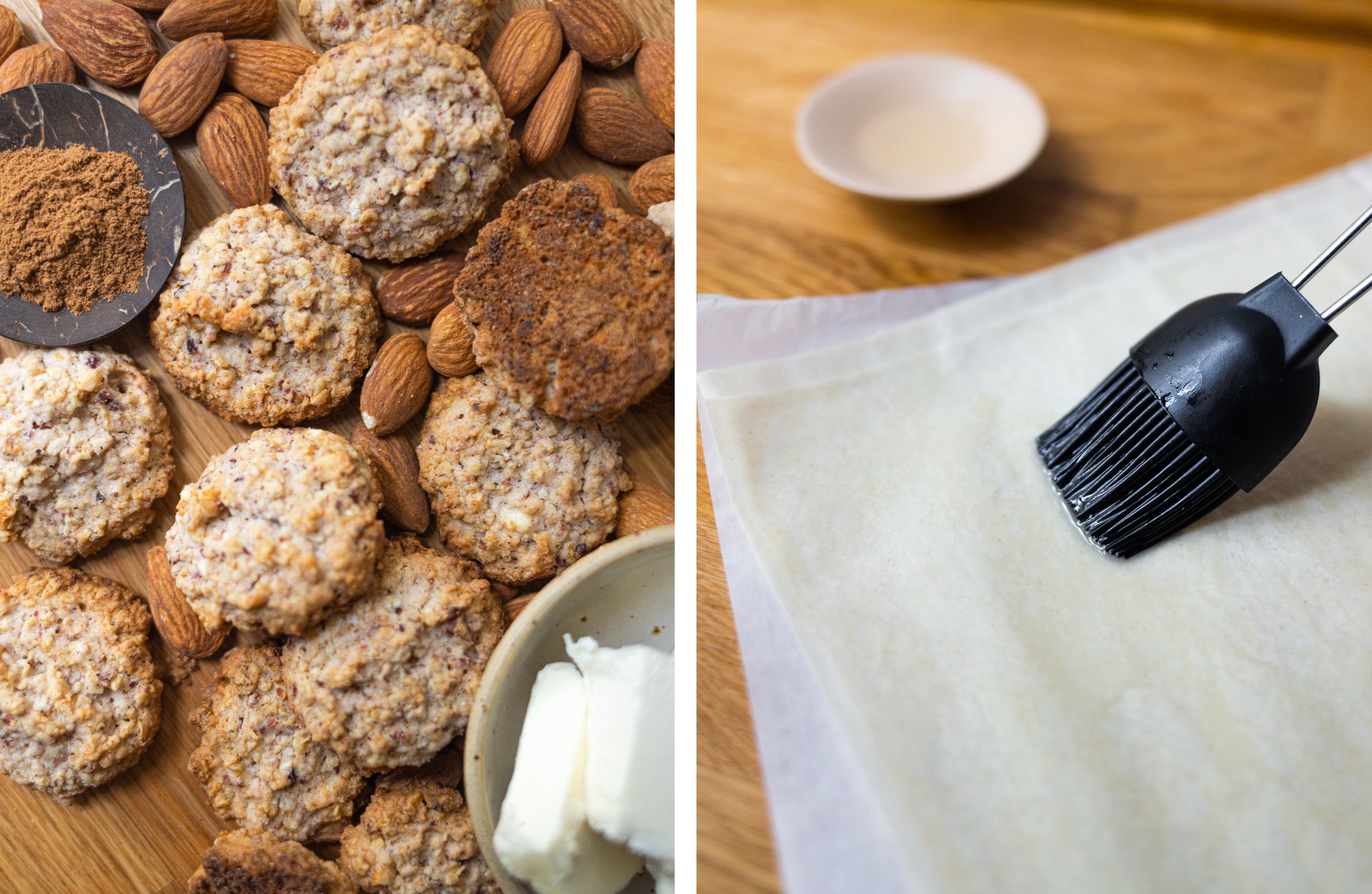 links: zutaten für keksboden: vegane haferkekse, mandeln, zimt und vegane butter
rechts: veganer filo teig wird mit öl bestri