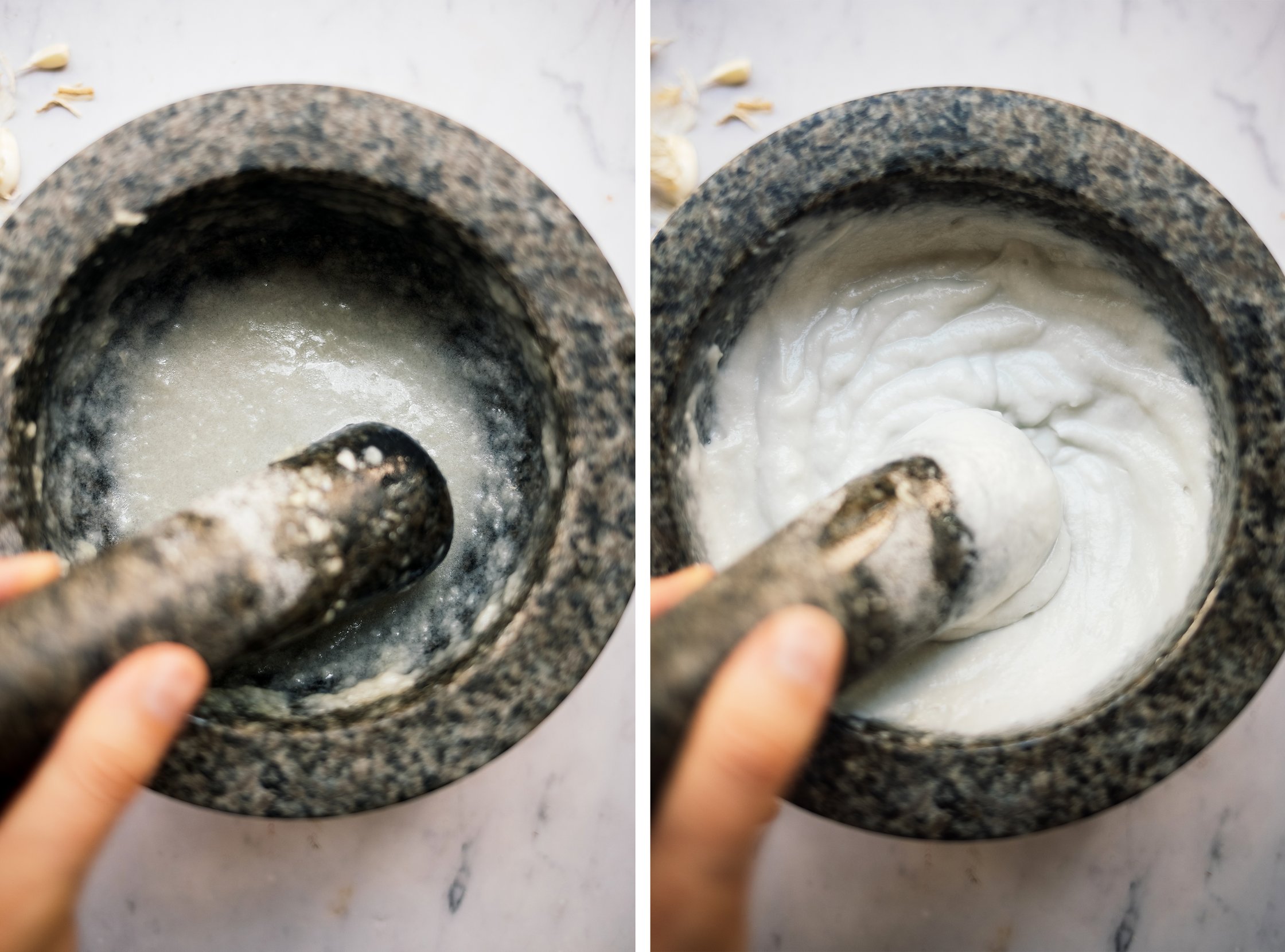 preparing toum in a mortar