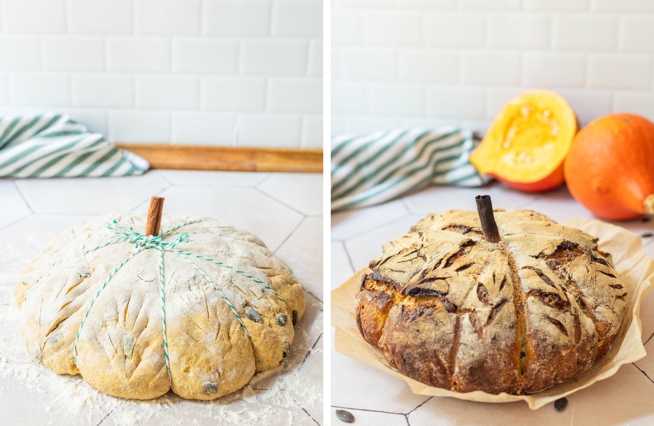 Hier wird das fertige Brot in gebackenem und ungebackenem Zustand präsentiert.