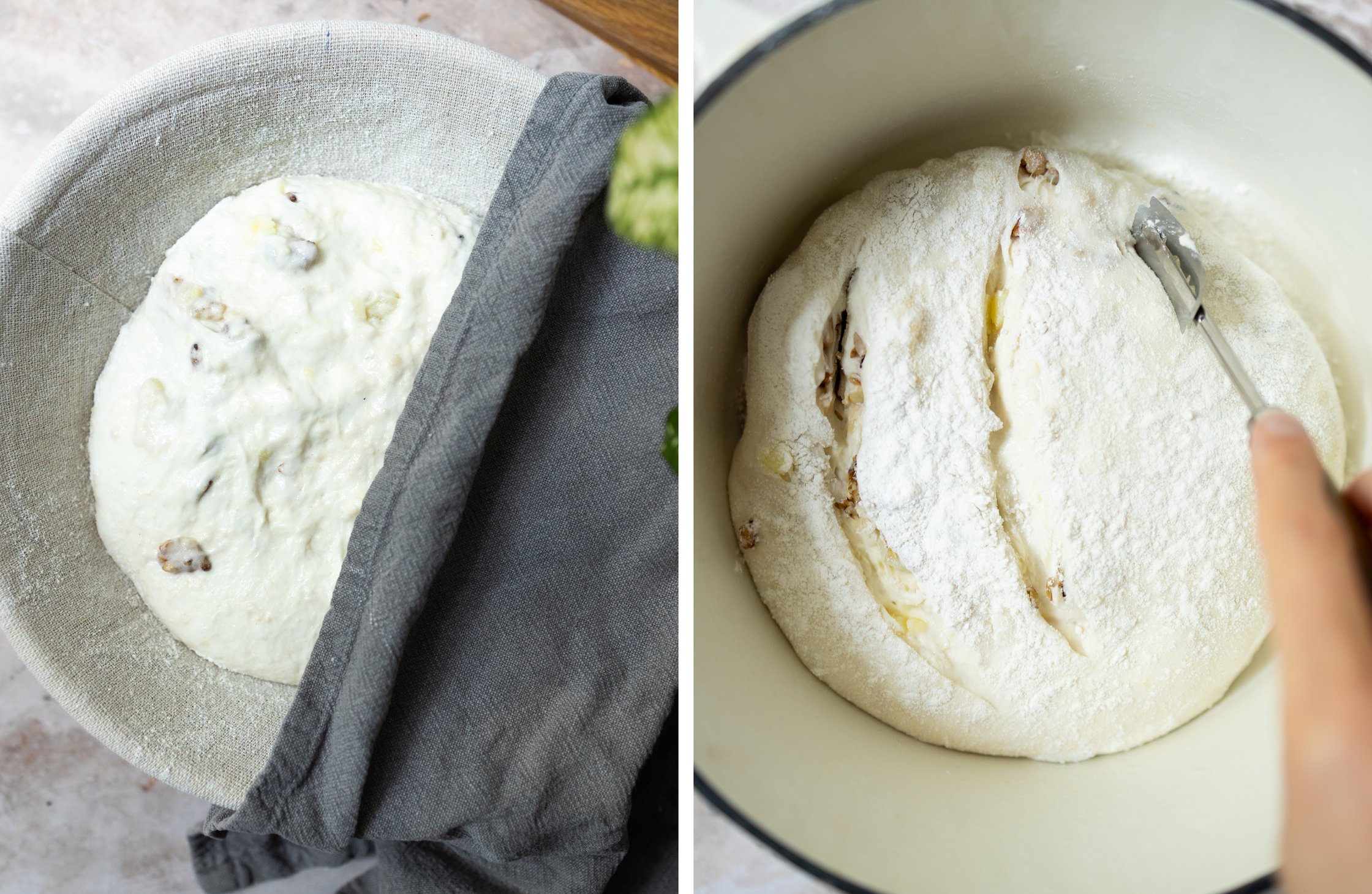 links: Sauerteigbrot im Gärkorb
rechts: Brot liegt in Gusseisernem Topf und wird eingeschnitten