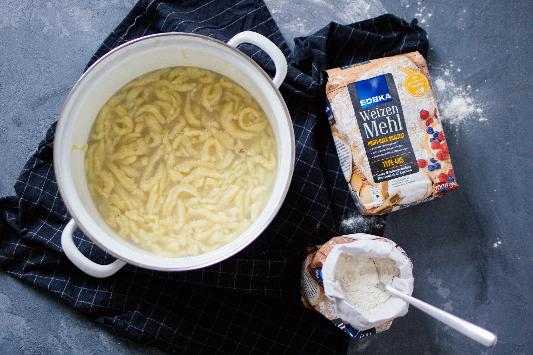 spaetzle in a big white pot