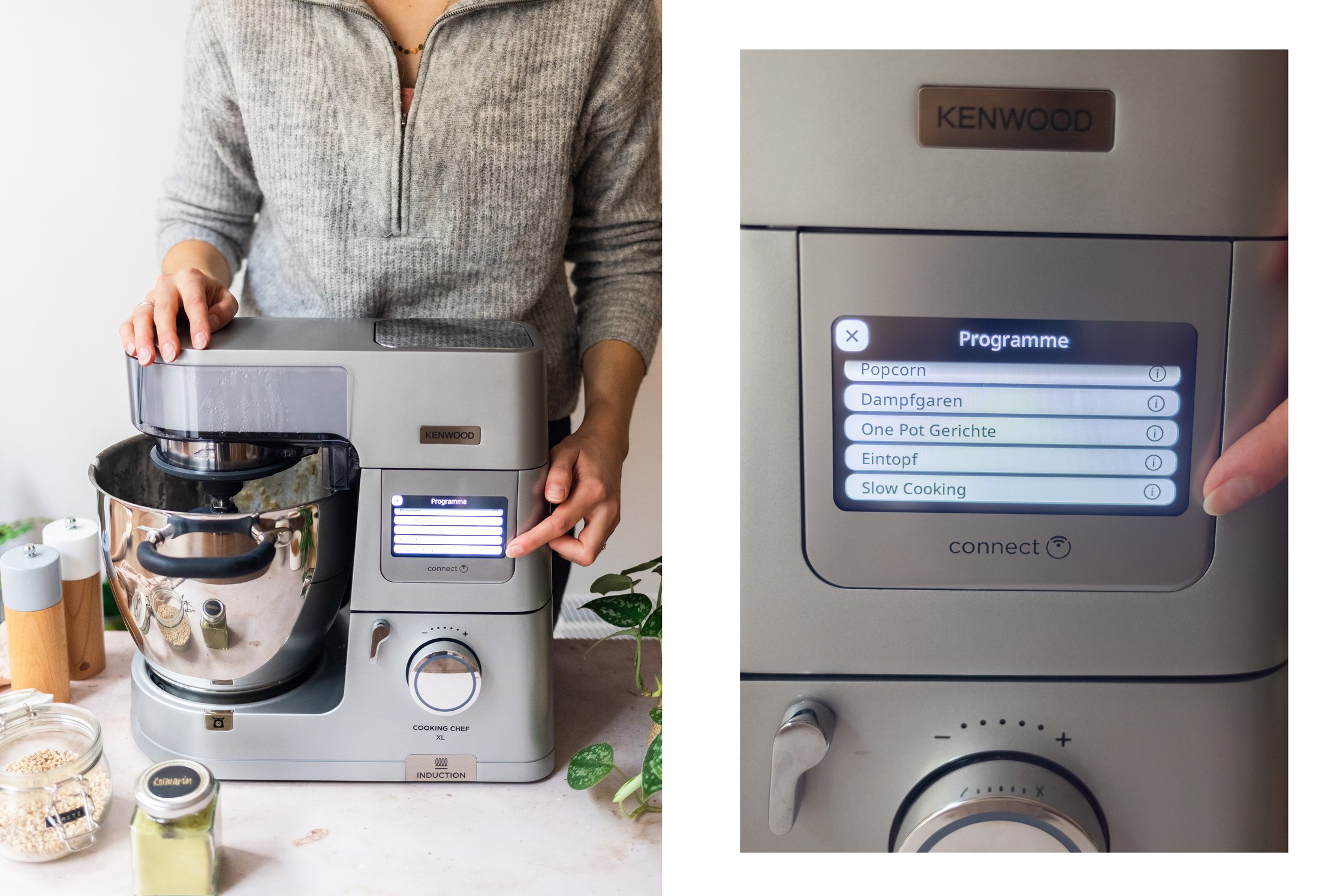 Veganes Gerstenrisotto mit Topinamburchips wird in einer Küchenmaschine zubereitet.
