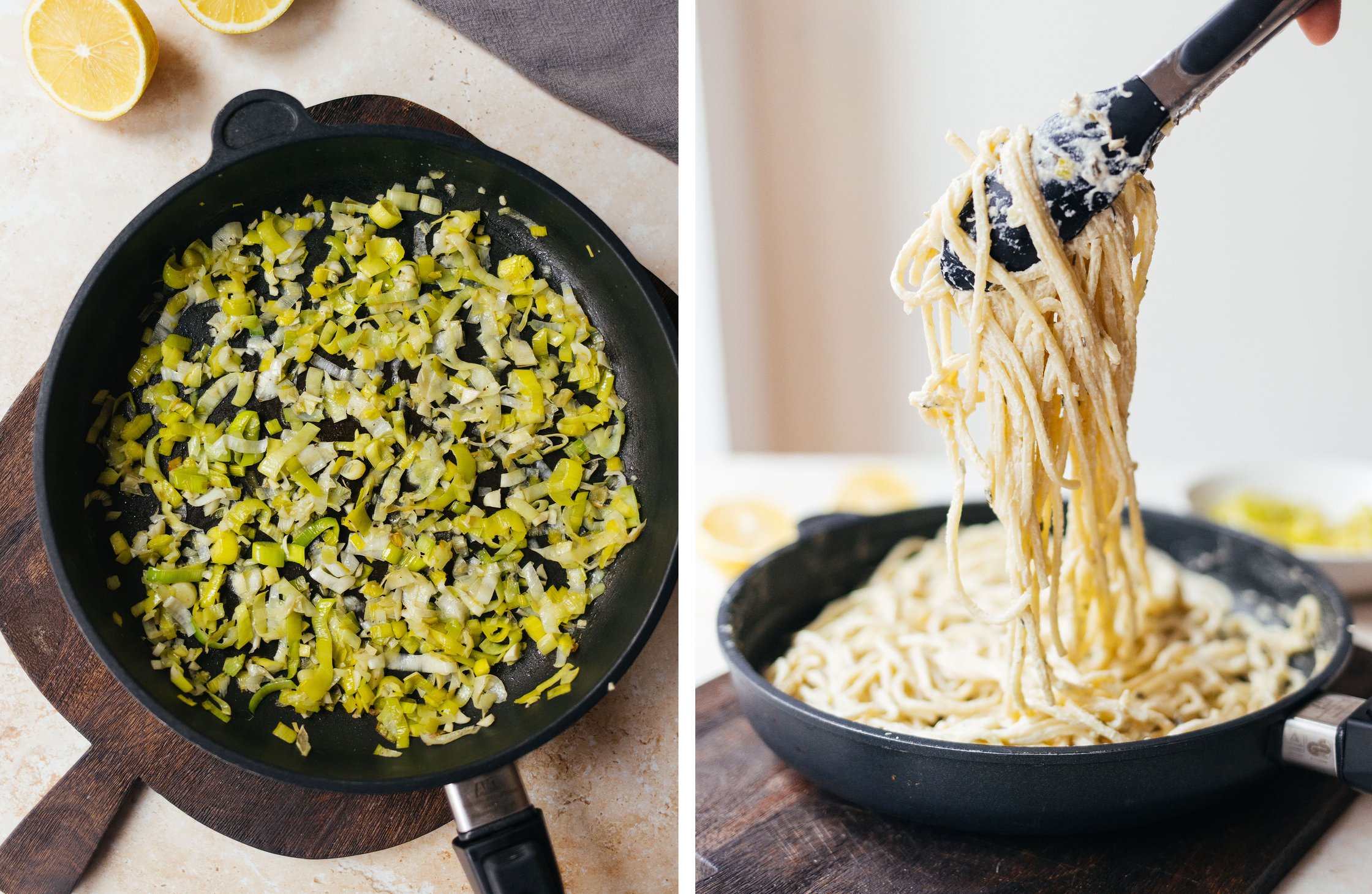 Lauch und Knoblauch in einer Pfanne gebraten; Nudeln mit veganer Frischkäse-Soße werden mit einer Zange gegriffen