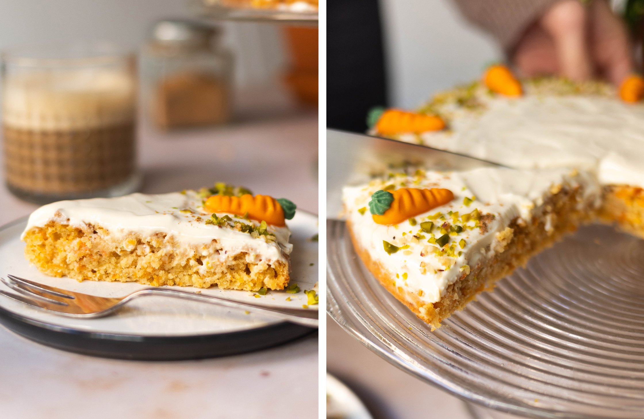 Stück Kuchen auf einem Teller; Kuchen wird geschnitten