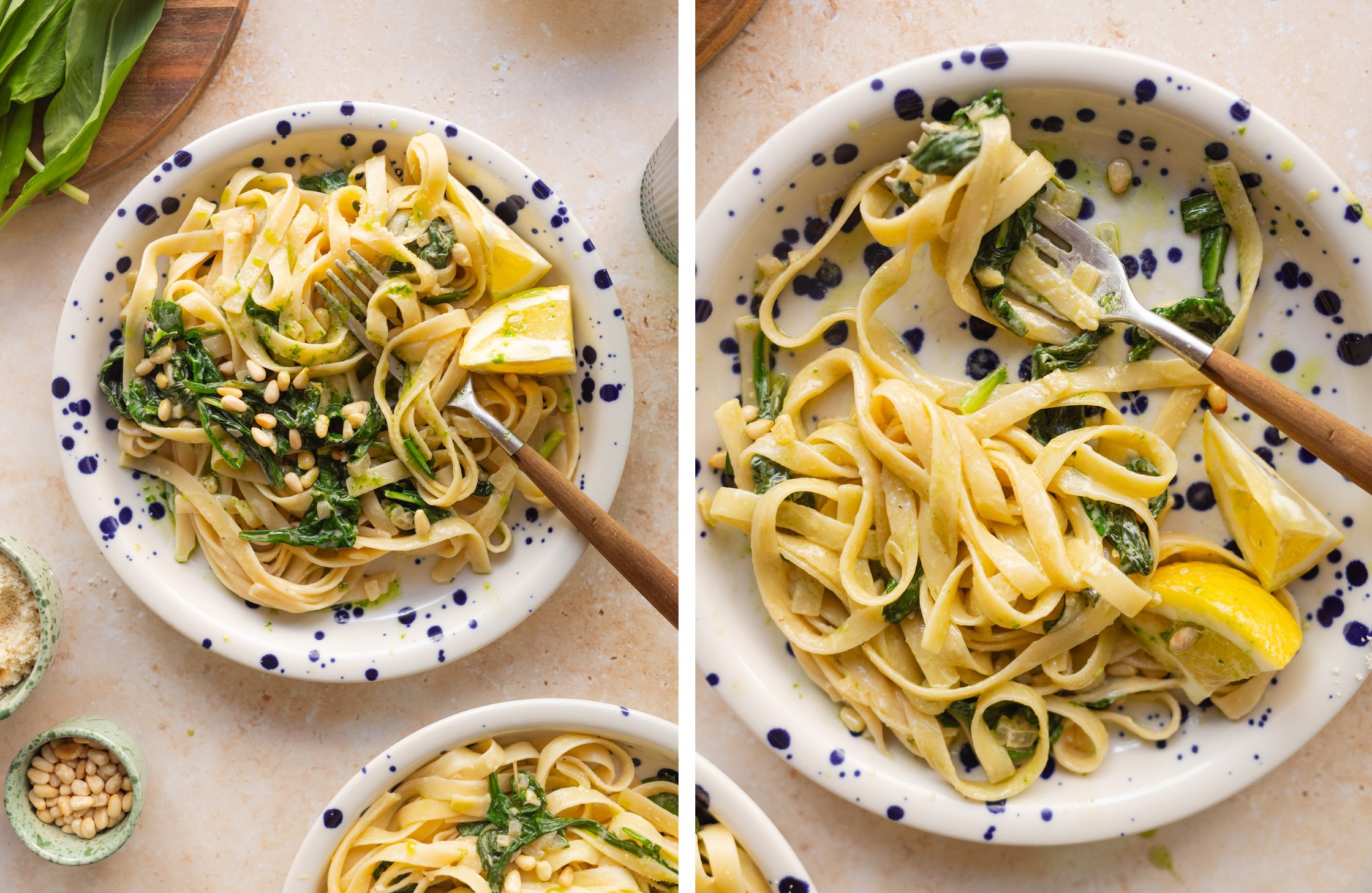 cooked pasta on plates decorated with lemons and pine nuts