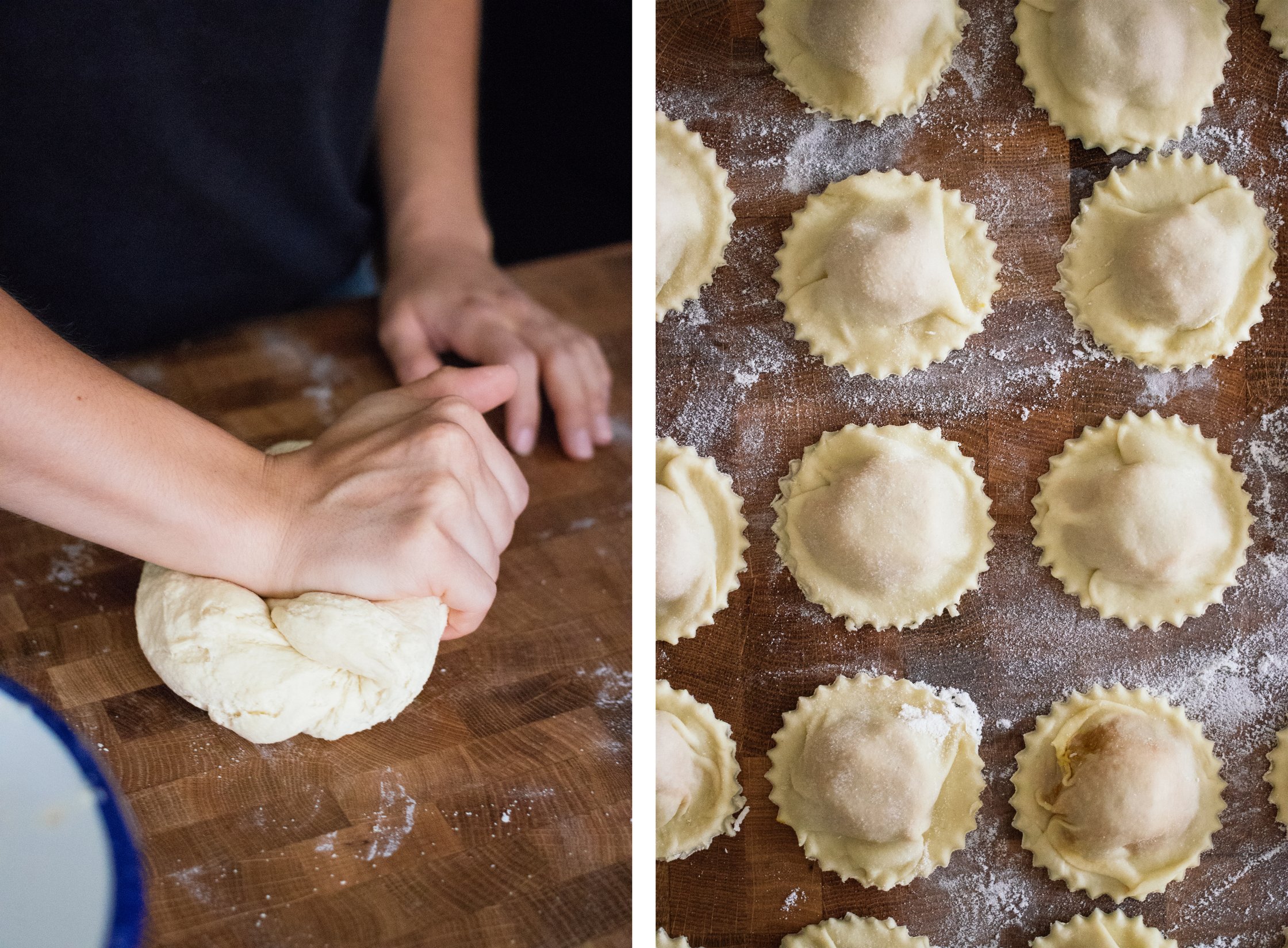 kneading pasta dough for vegan pumpkin ravioli and shaping them
