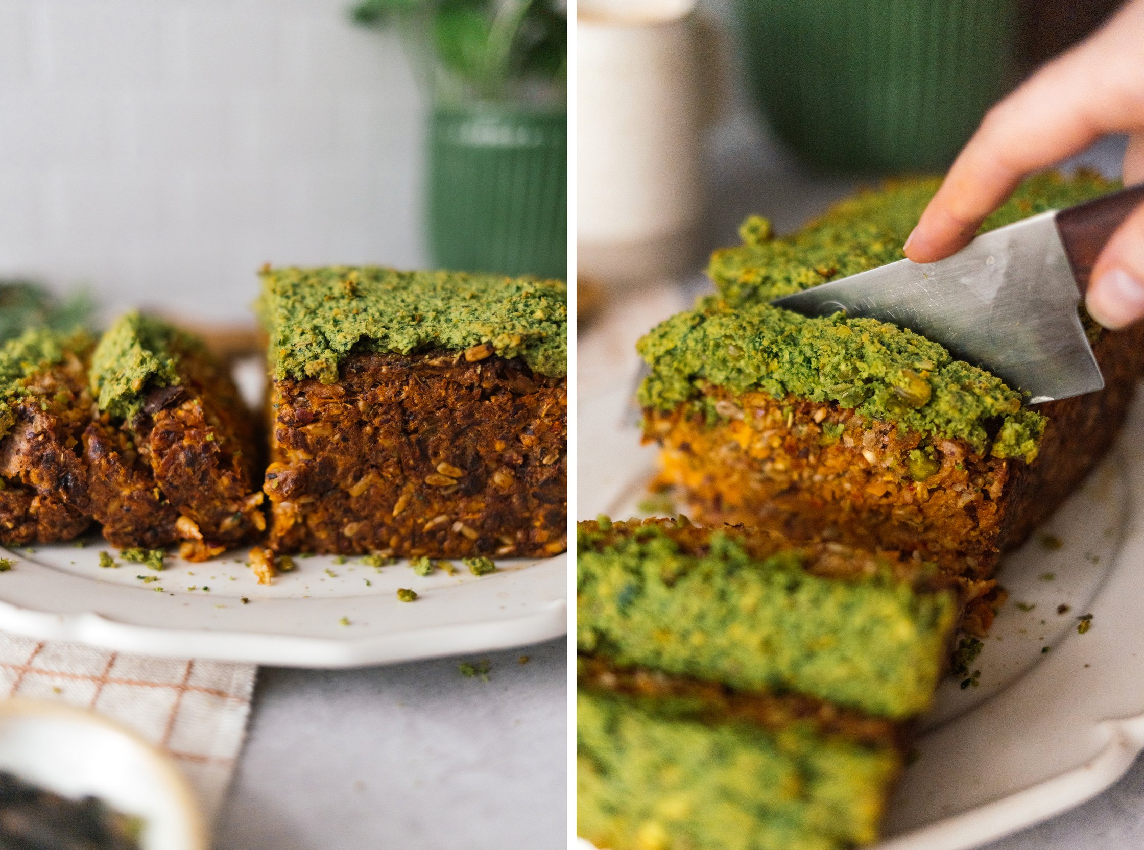 veganen braten mit kräuterkruste in scheiben schneiden