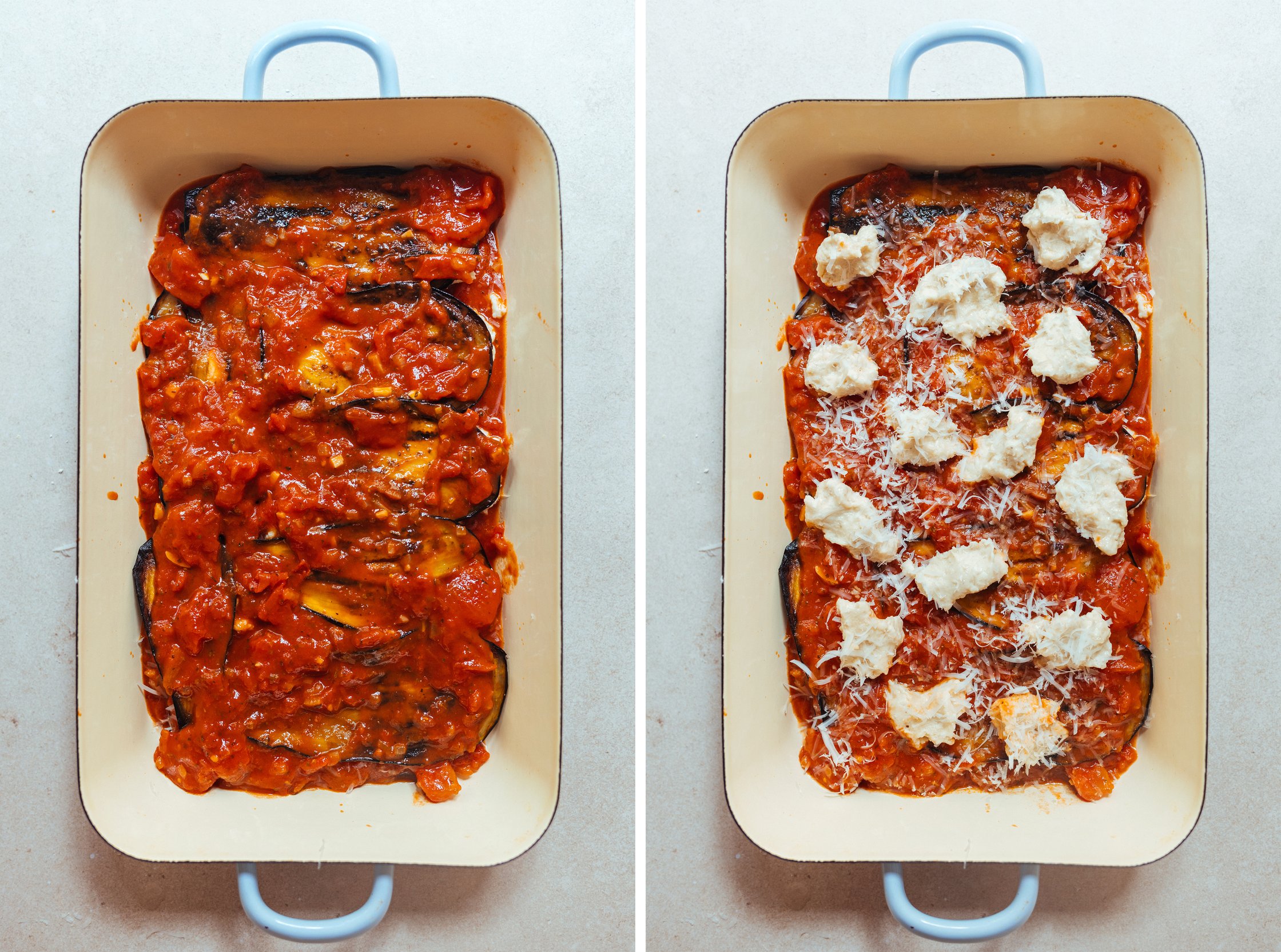 tomatensoße und veganen käse schichten für Veganen Auberginenauflauf (Parmigiana di melanzane)