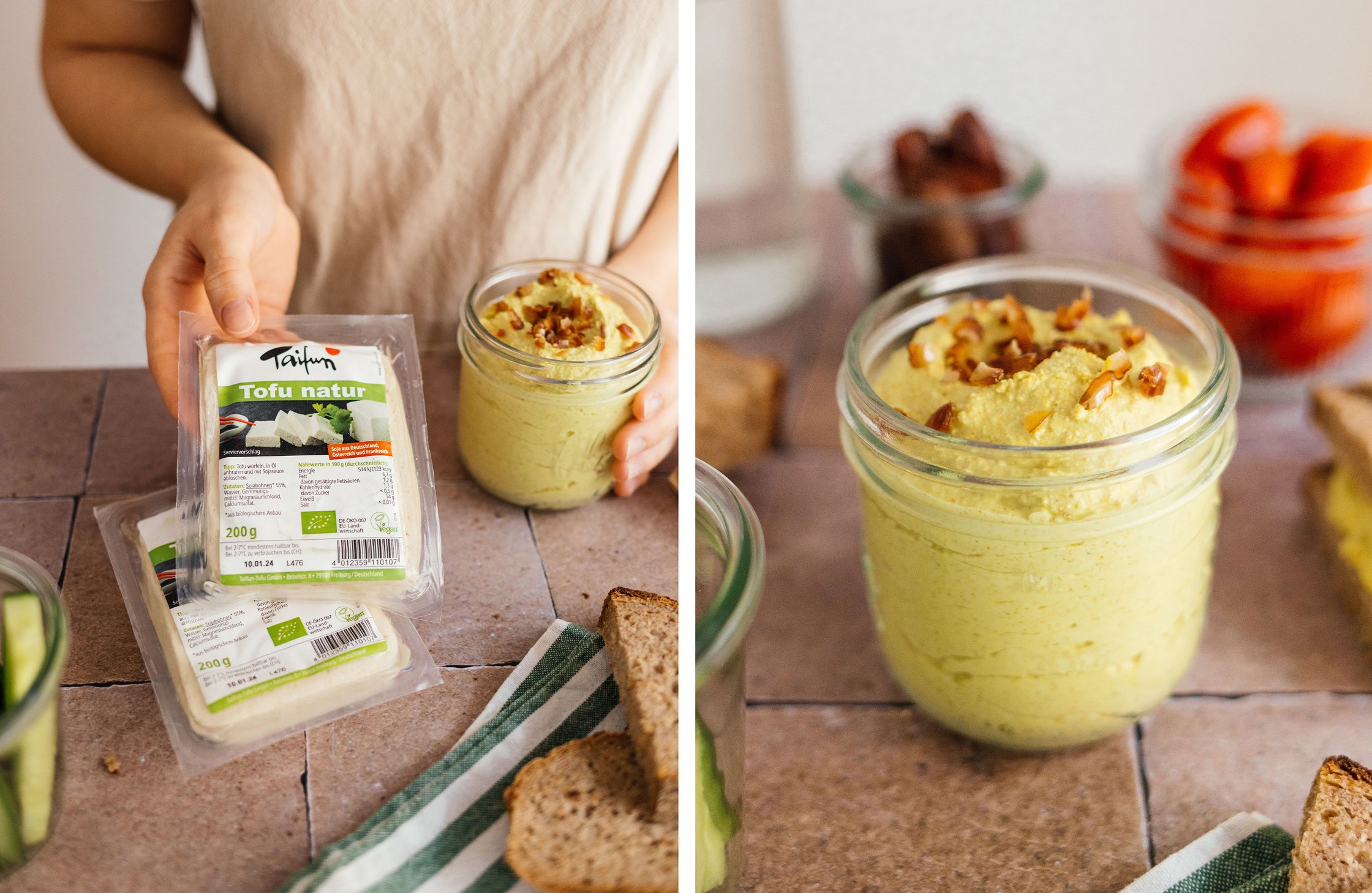Naturtofu von Taifun Tofu; veganer Curry-Dattel-Aufstrich in einem Glas