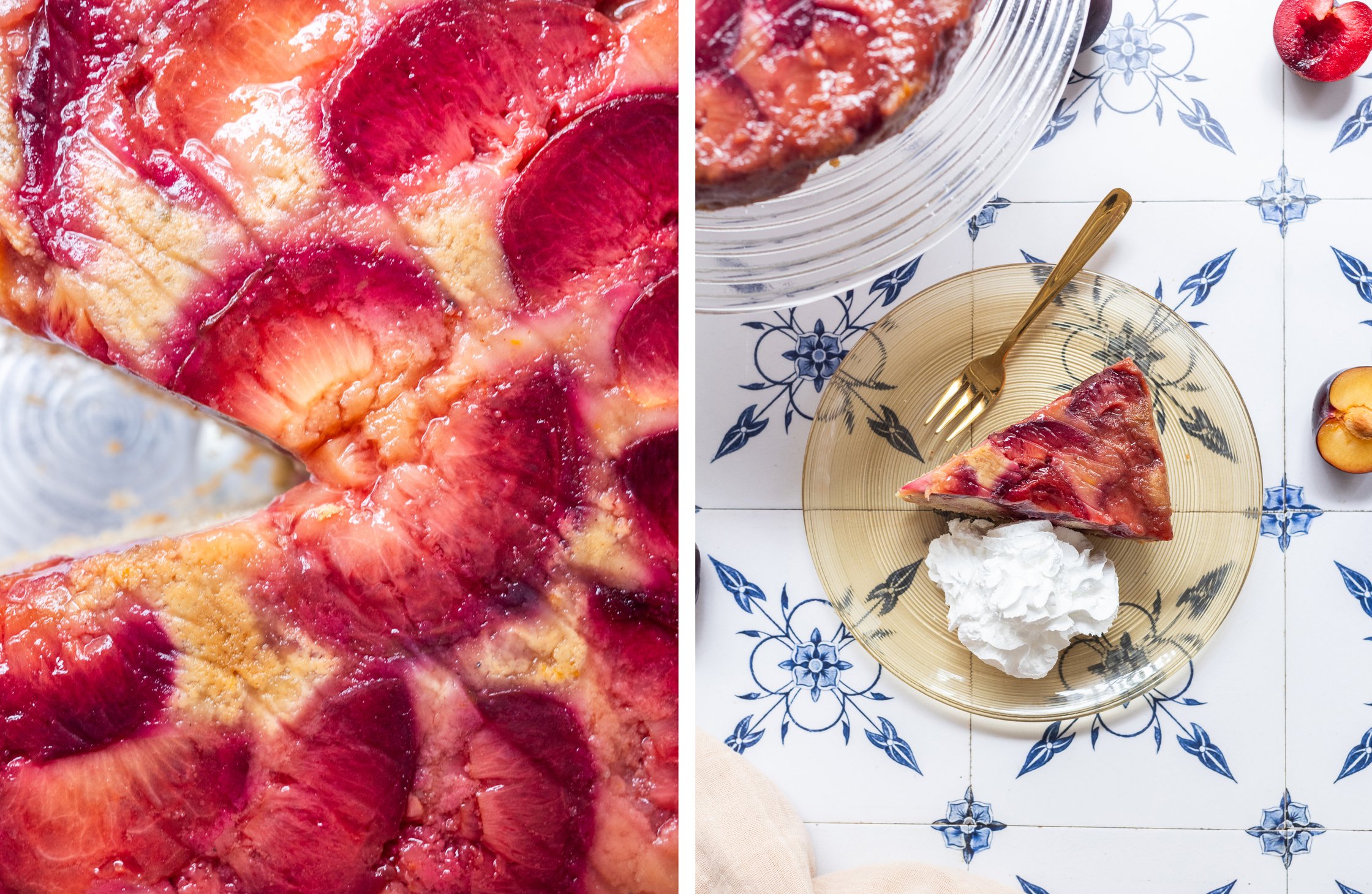 The sliced cake is served with cream.
