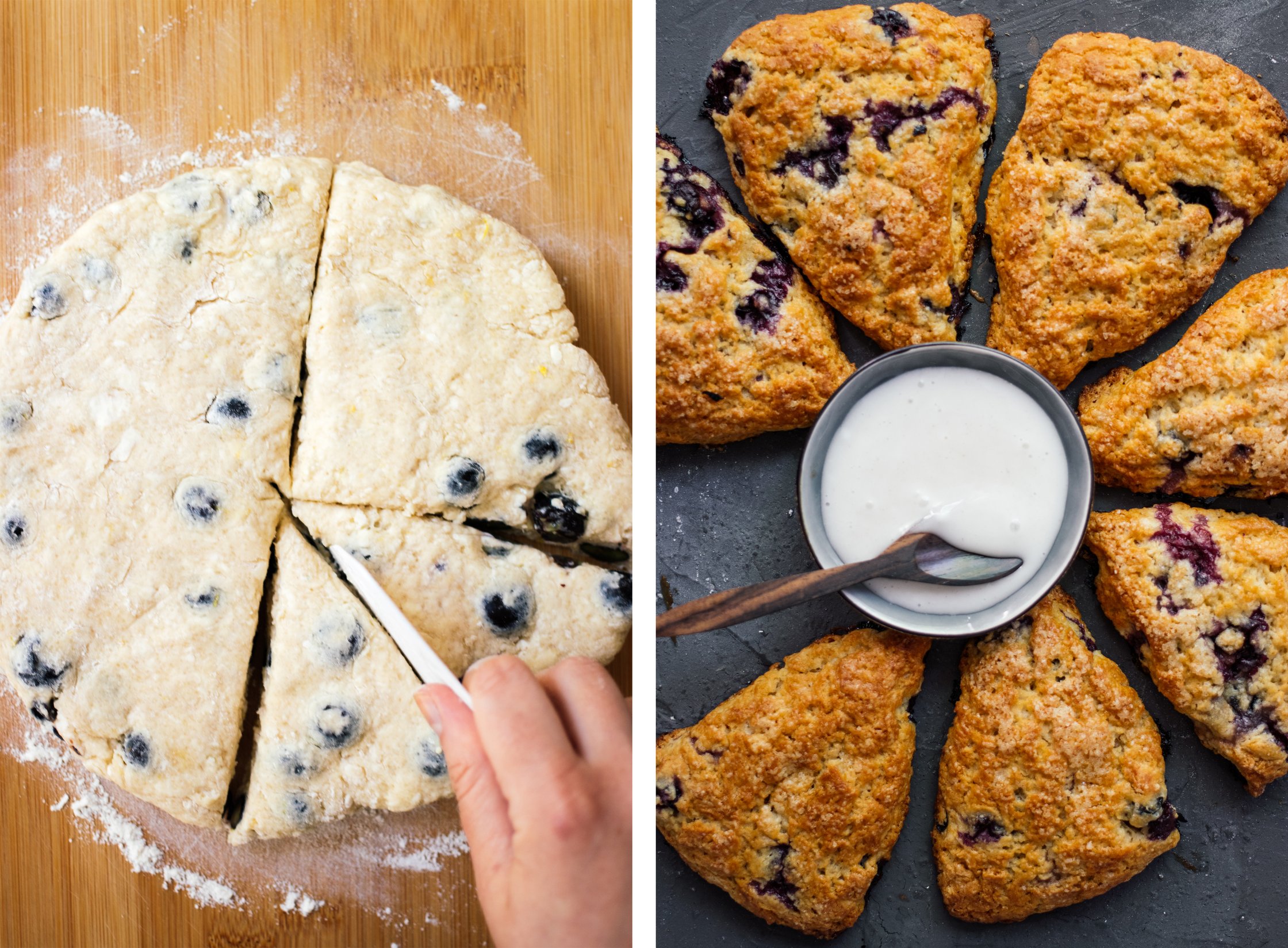 vegan blueberry scones before and after baking