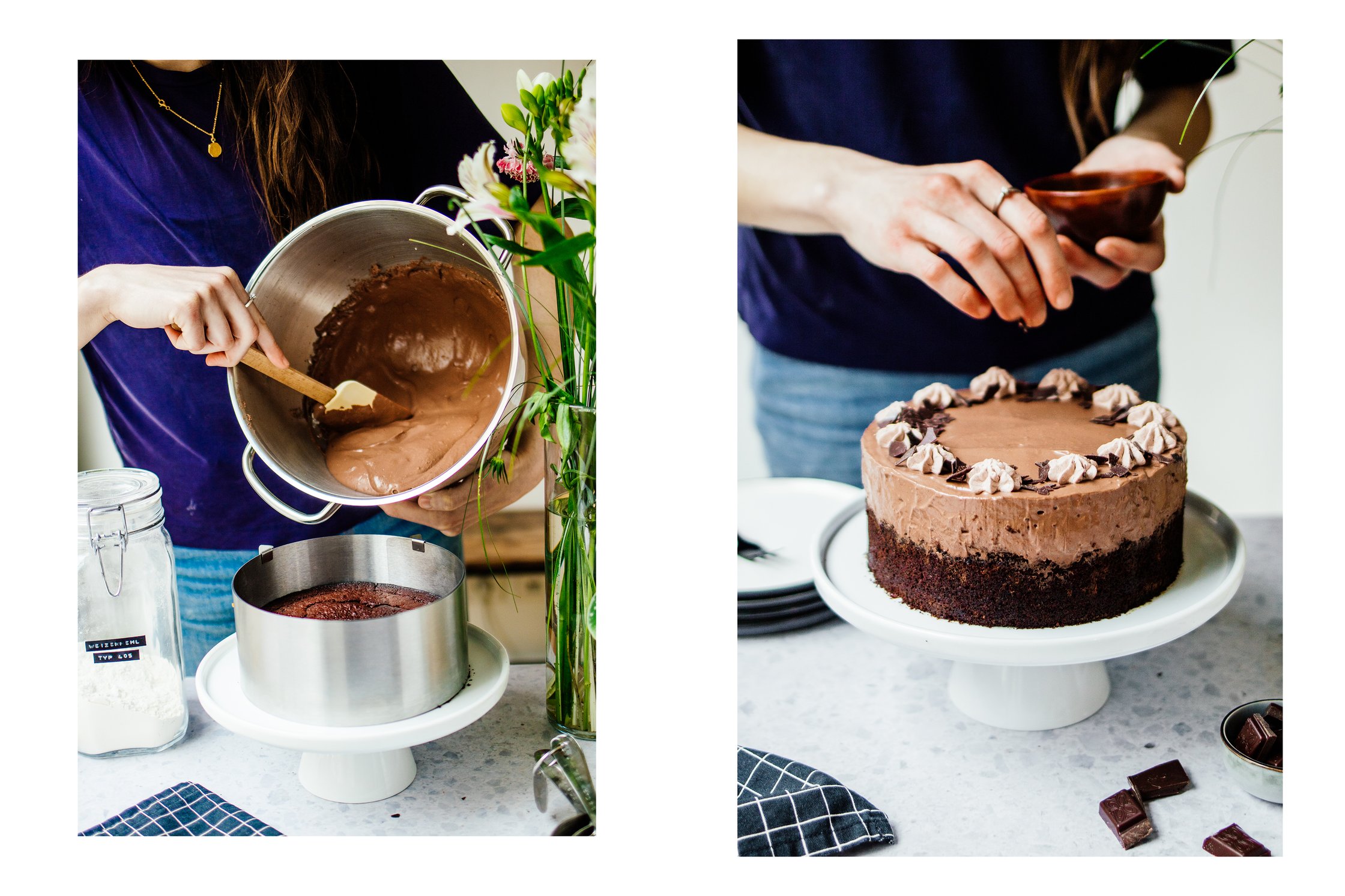 Schokoladenkuchenteig in einer Schüssel und ein fertiger Schokoladenkuchen mit Creme auf einer Tortenplatte
