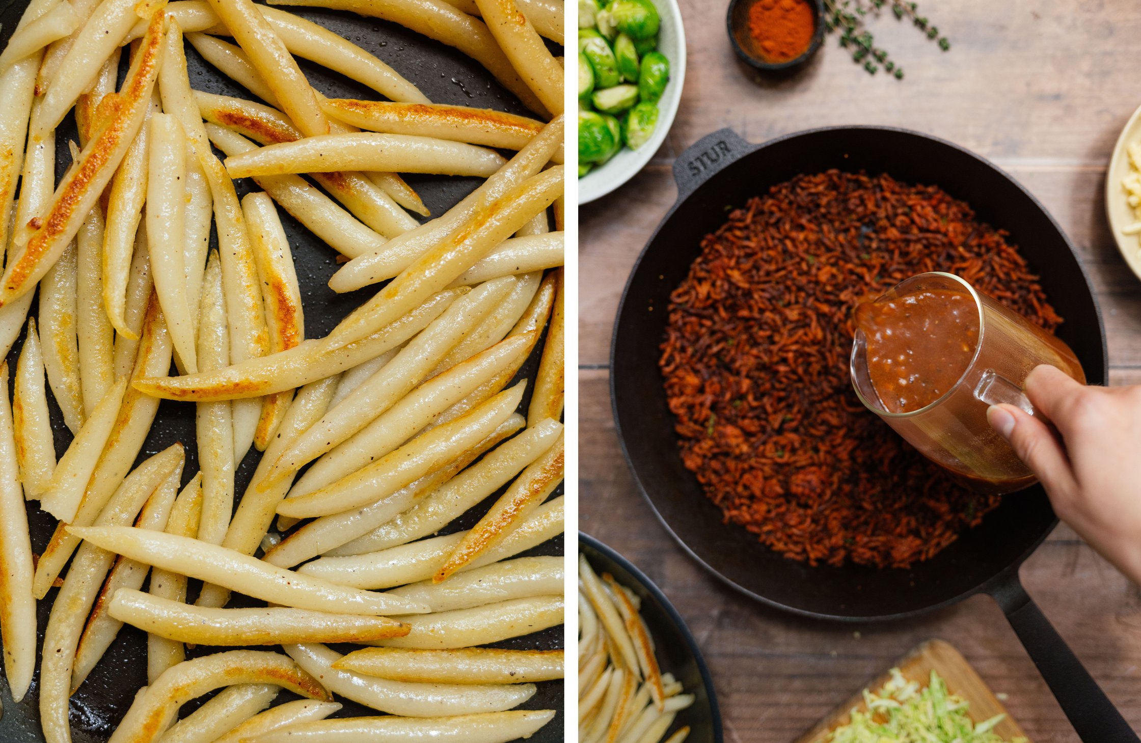fried potato noodles; pouring gravy over vegan minced meat