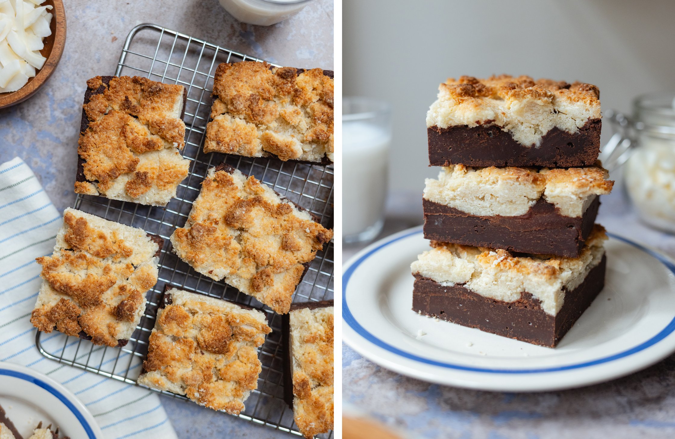 vegan coconut brookies on a rack; three brookies stacked