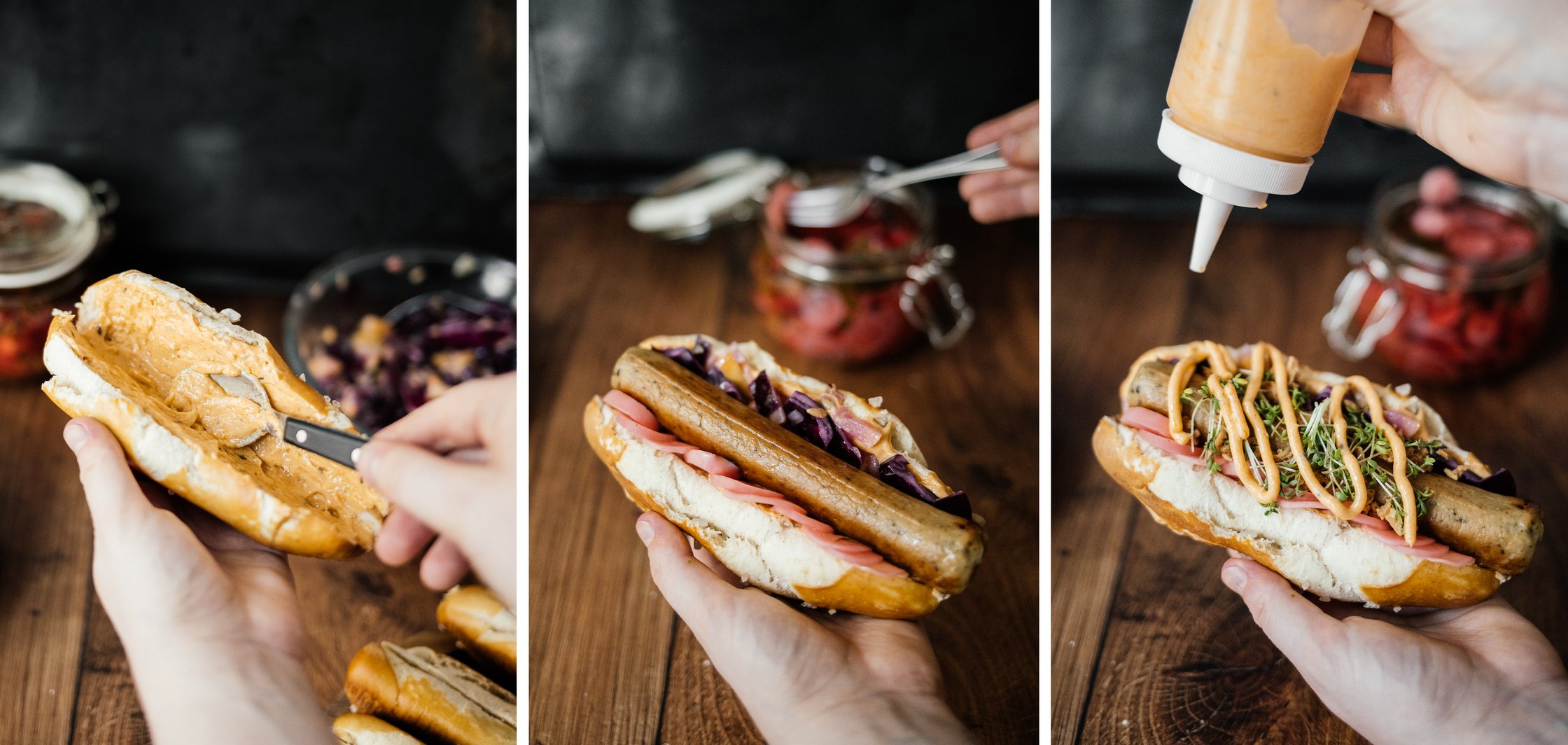 filling vegan bavarian styled hot dogs step by step