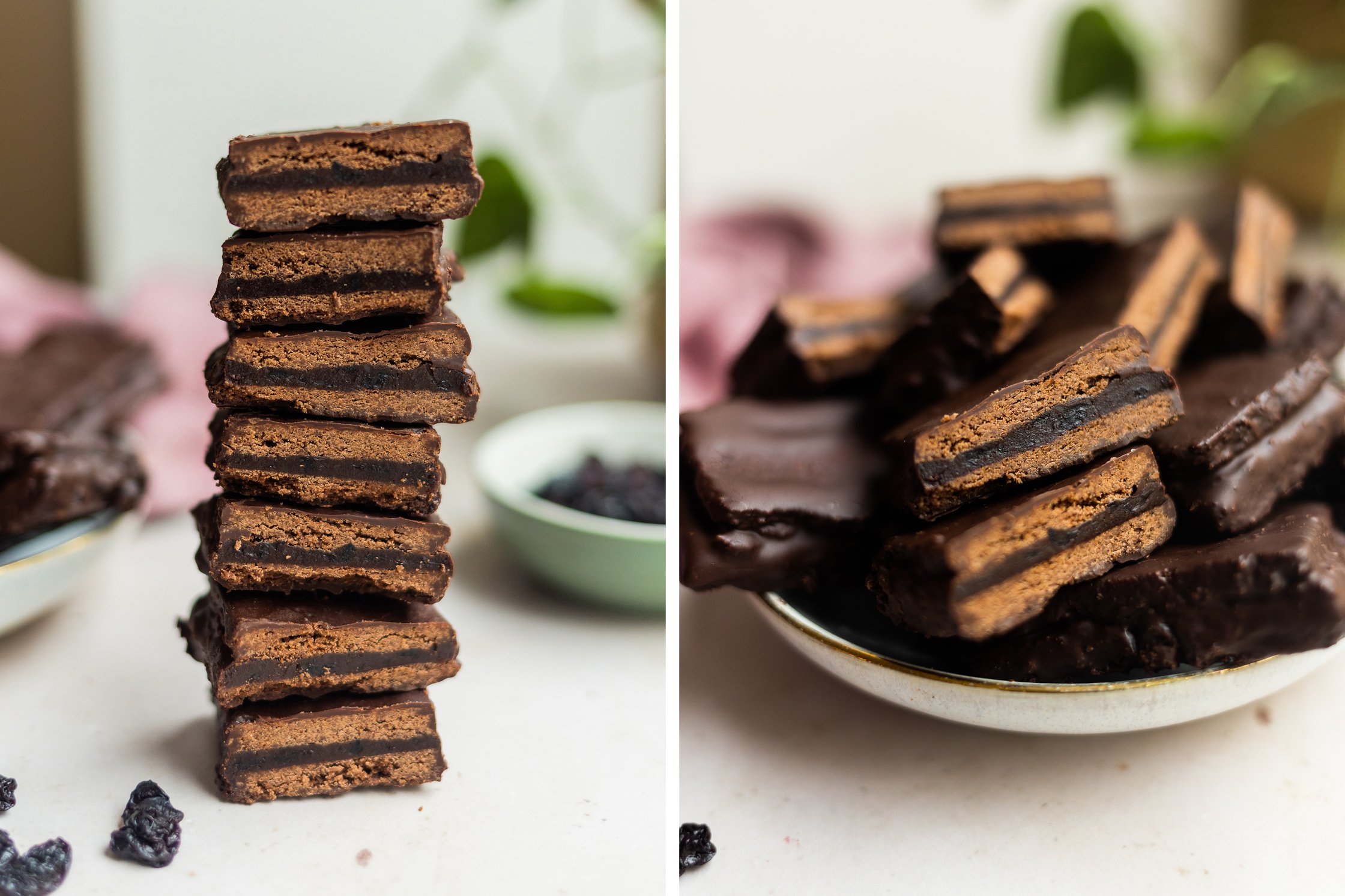 Tim Tams are stacked and cut, they are in a bowl