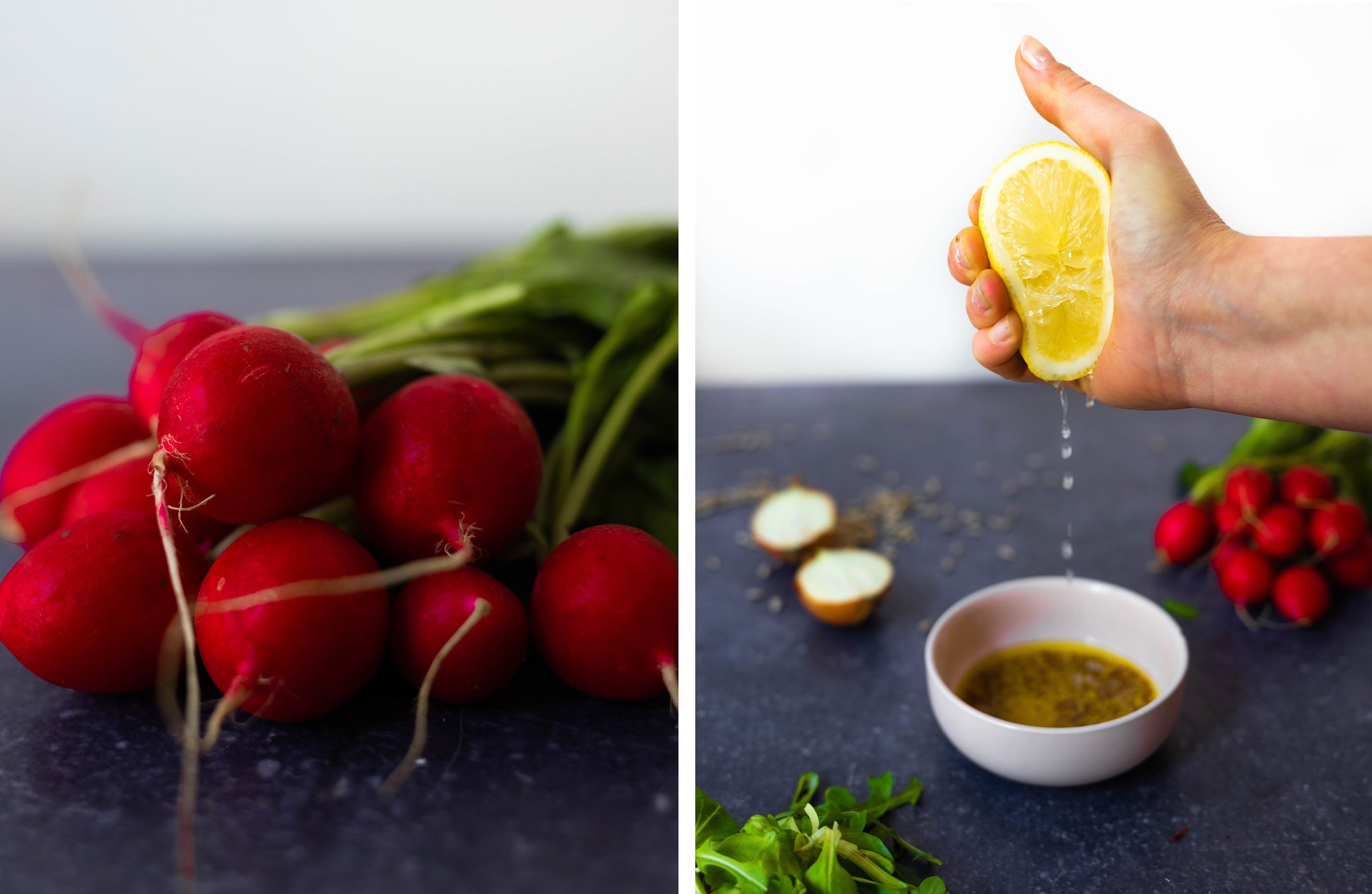 Radischen und die Herstellung des Dressings.