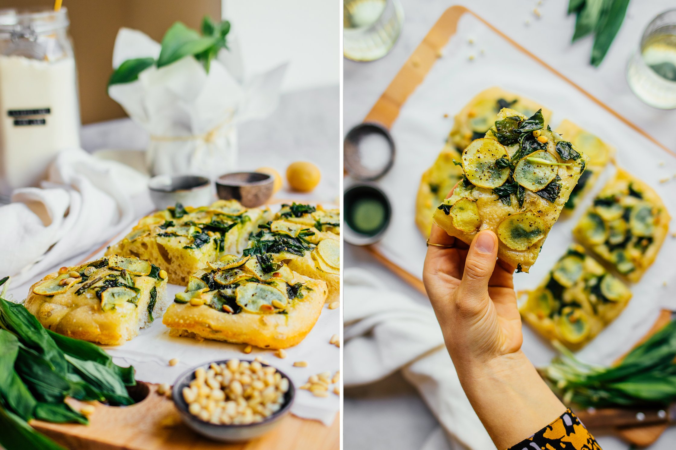 sliced up vegan wild garlic focaccia, hand holding piece of vegan wild garlic focaccia