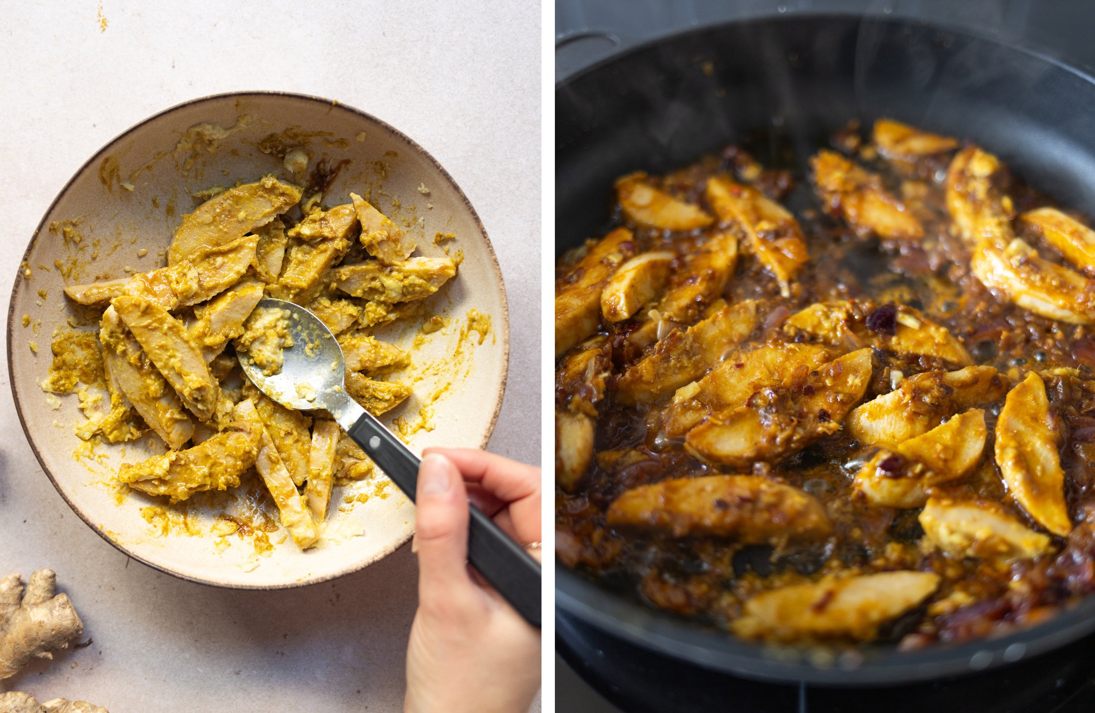 links: mariniertes veganes Hühnchen in einer Schüssel mit Ingwer, Knoblauch und Curry
rechts: Hühnchen wird in Pfanne angebra