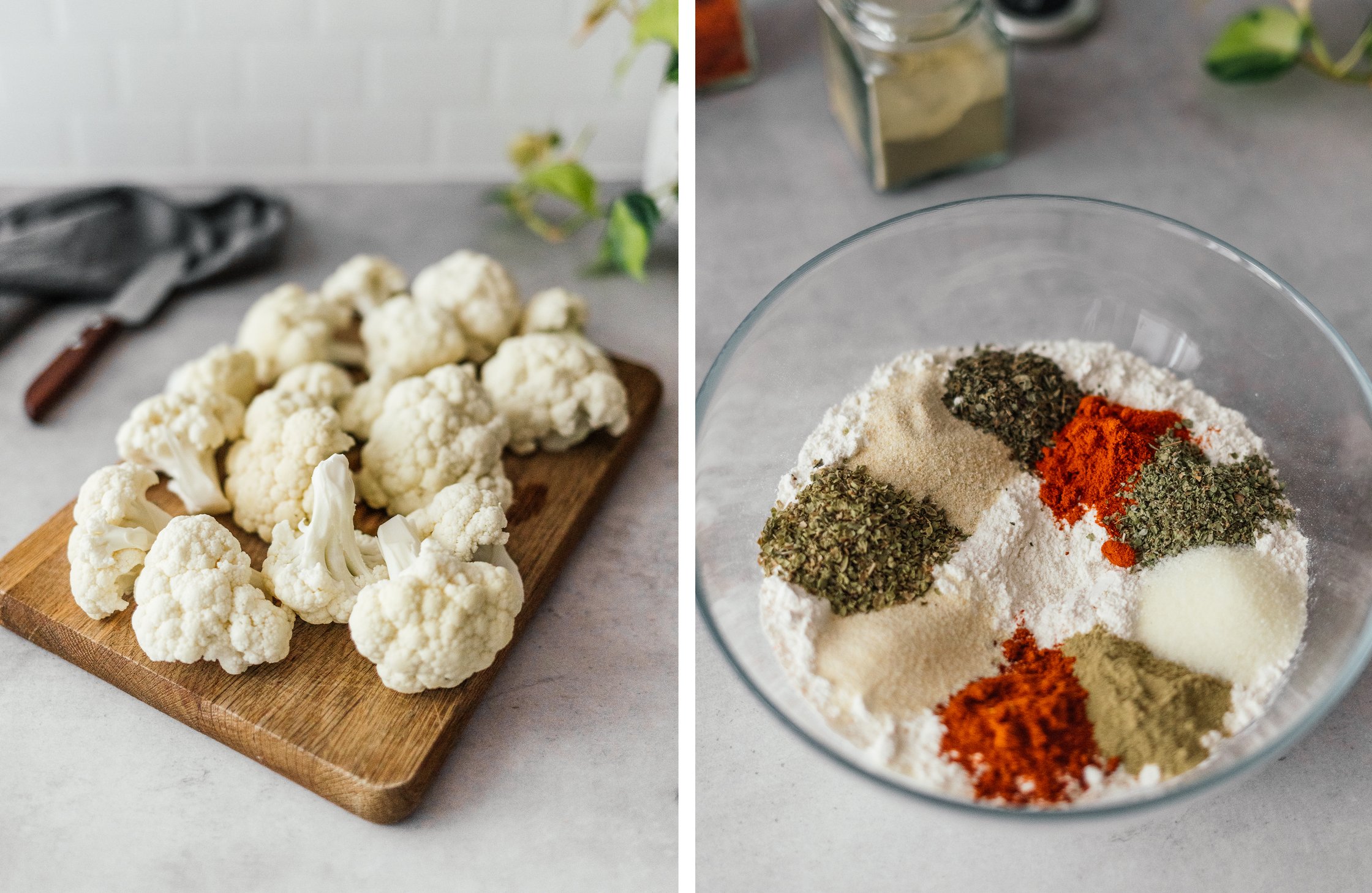 cut cauliflower; flour and spices