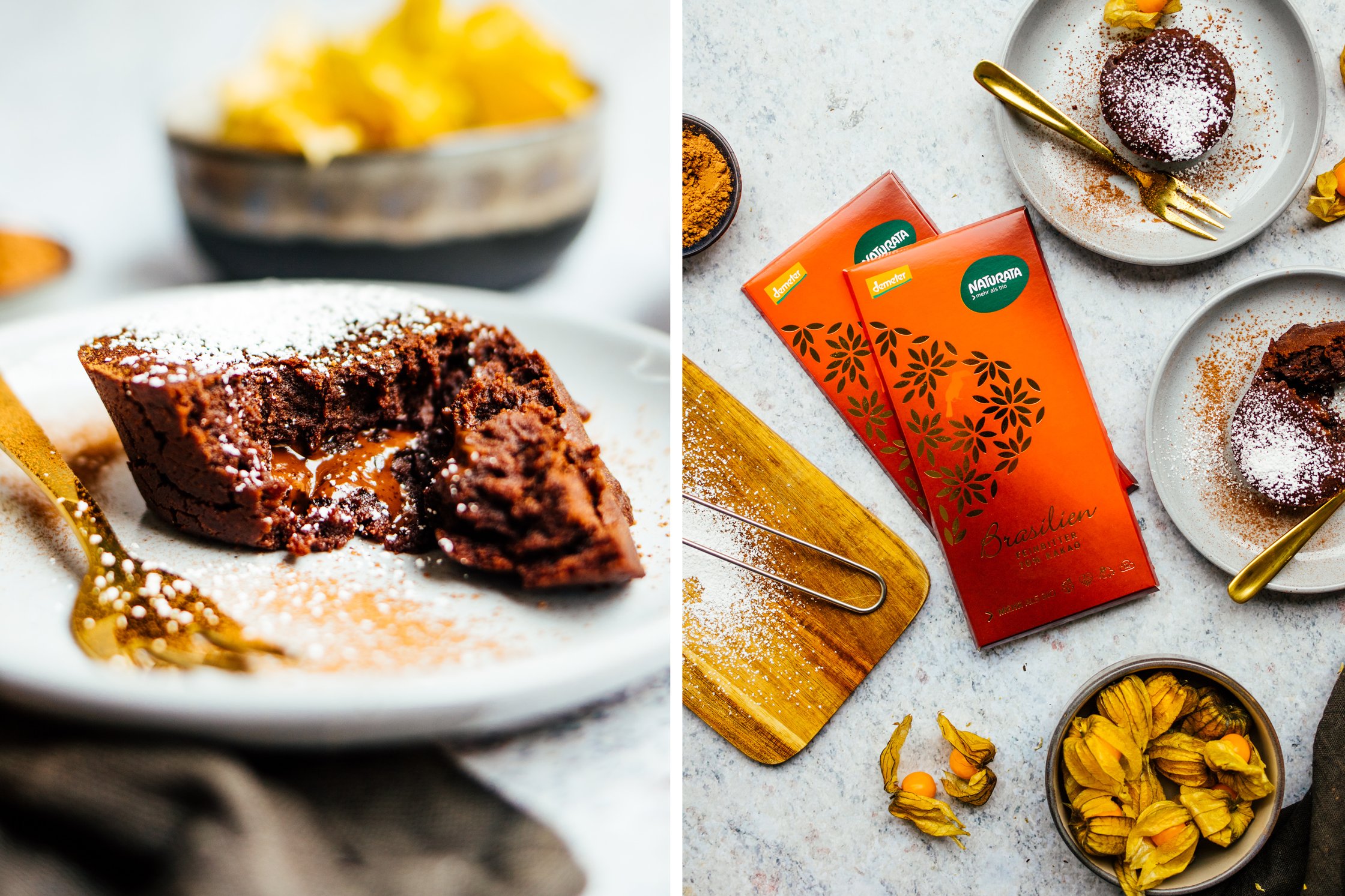 angeschnittener veganer Lava Cake und Naturata Schokolade