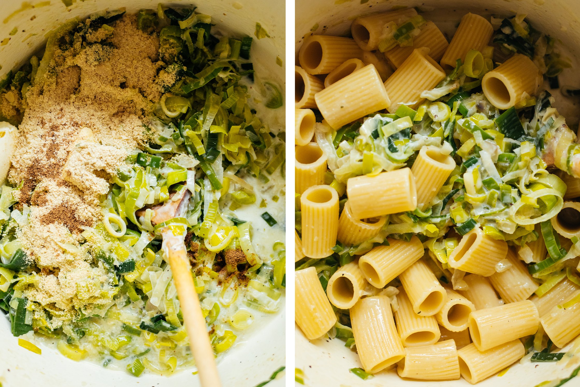 Lauch wird mit Pasta wird gemischt