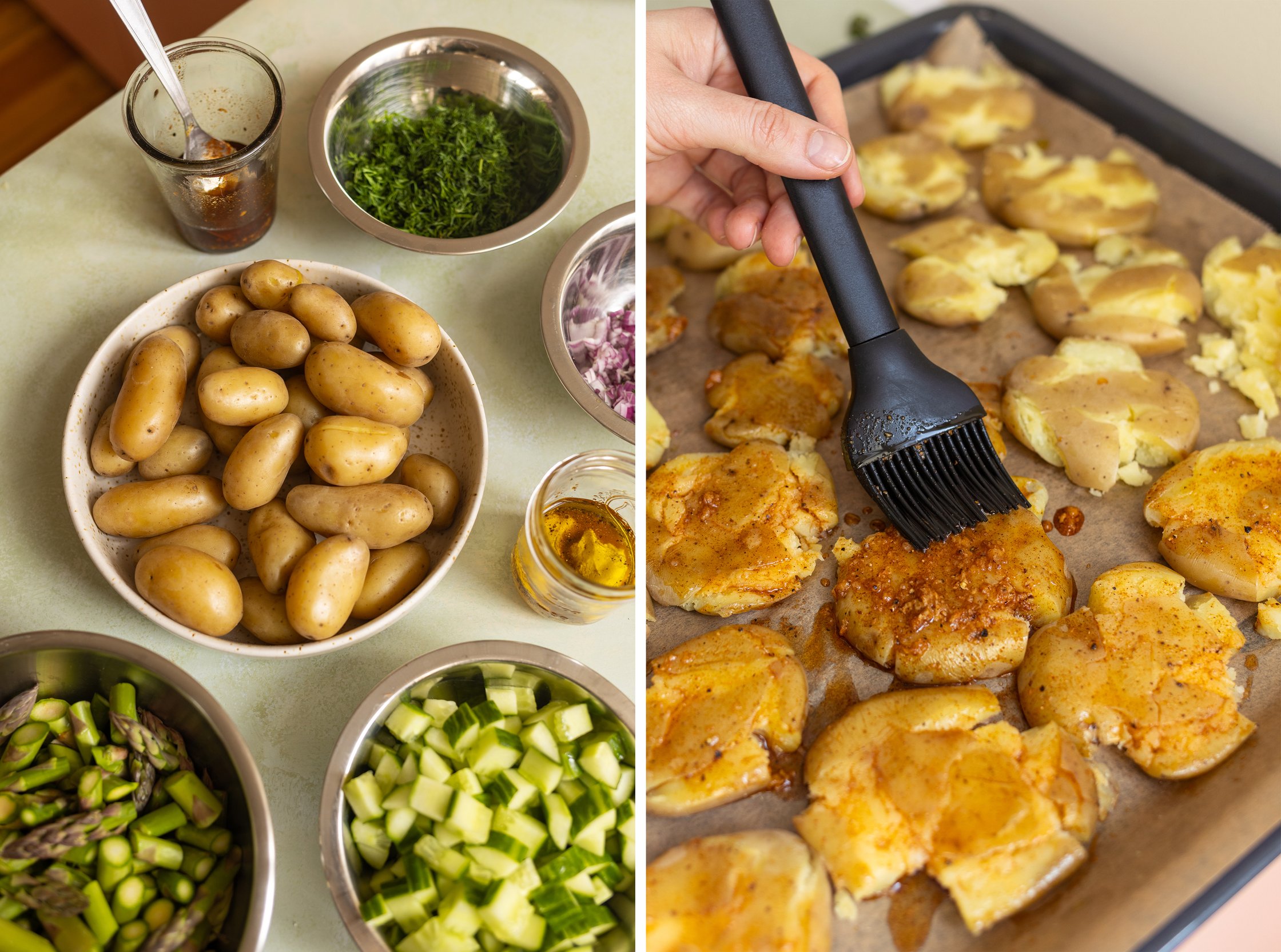 Das Bild zeigt die Zutaten für den Salat und wie die Kartoffeln zubereitet werden.