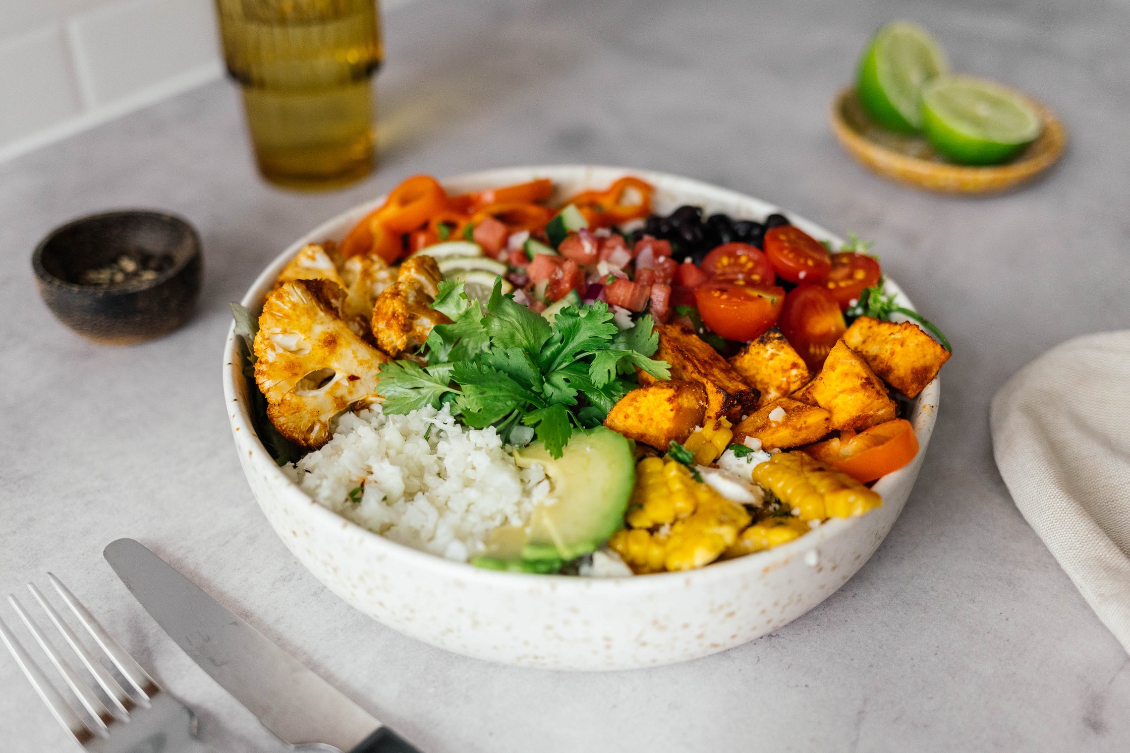 burrito bowl with watermelon salsa
