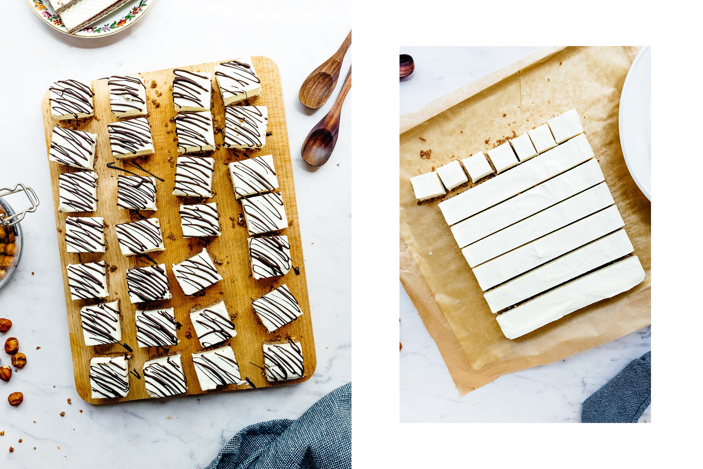 cutting vegan and frozen cheesecake bites into squares