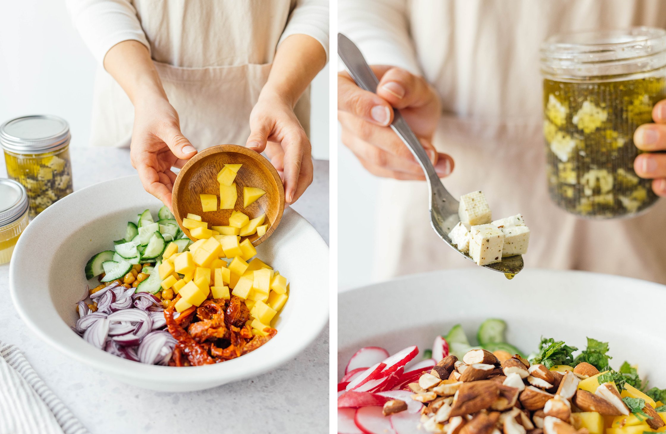 all ingredients for the summer chickpea salad in a bowl ready for mixing