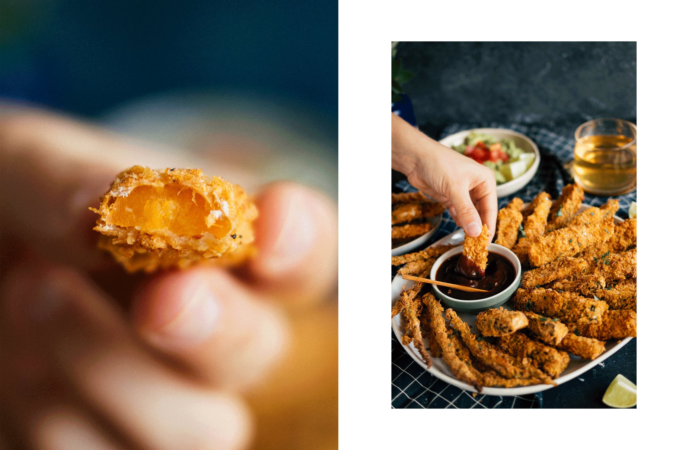 vegane Karottensticks werden in BBQ Sauce getunkt