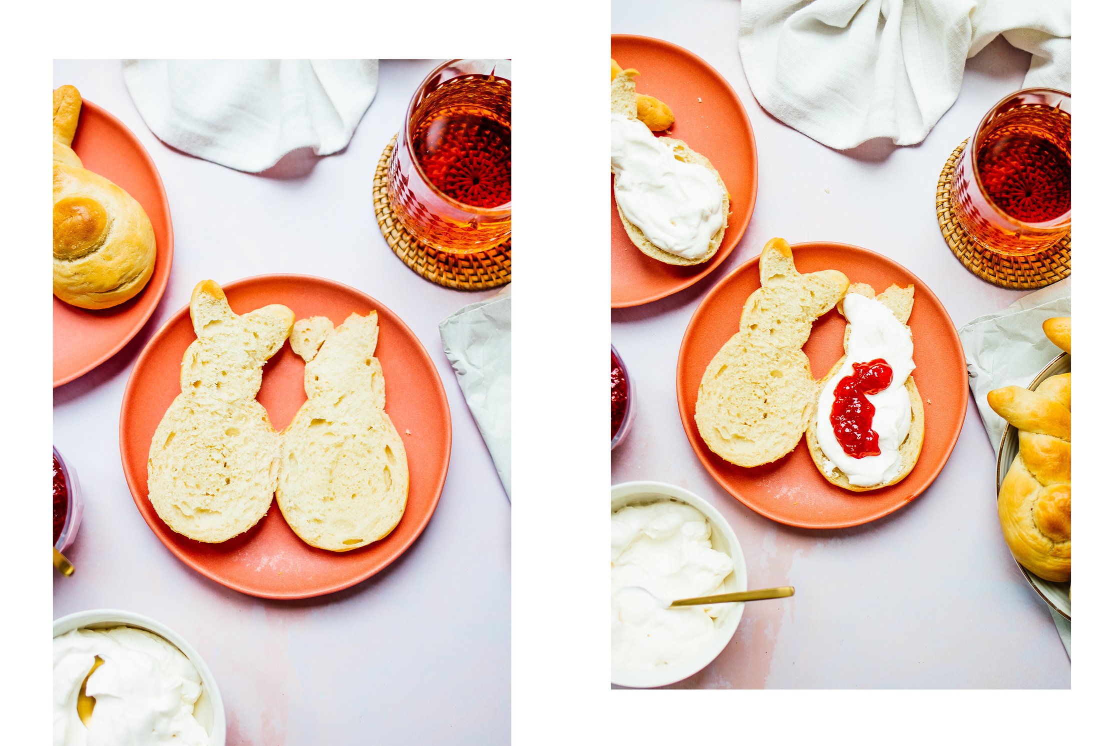 vegan easter bunny rolls with jam on a small plate