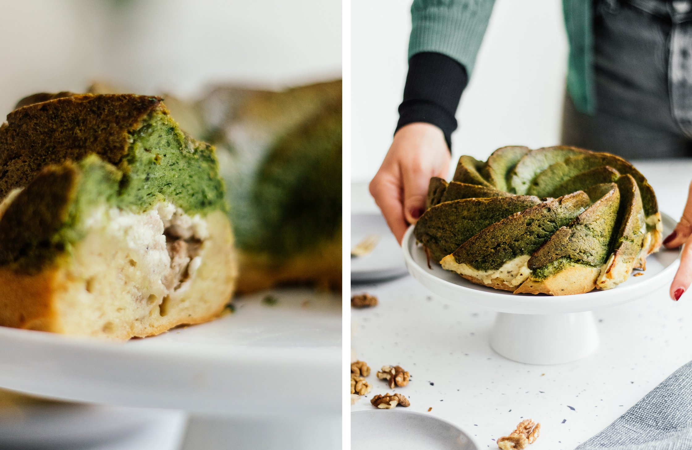 Bärlauch-Kuchen angeschnitten; Bärlauch-Kuchen bereit zum servieren