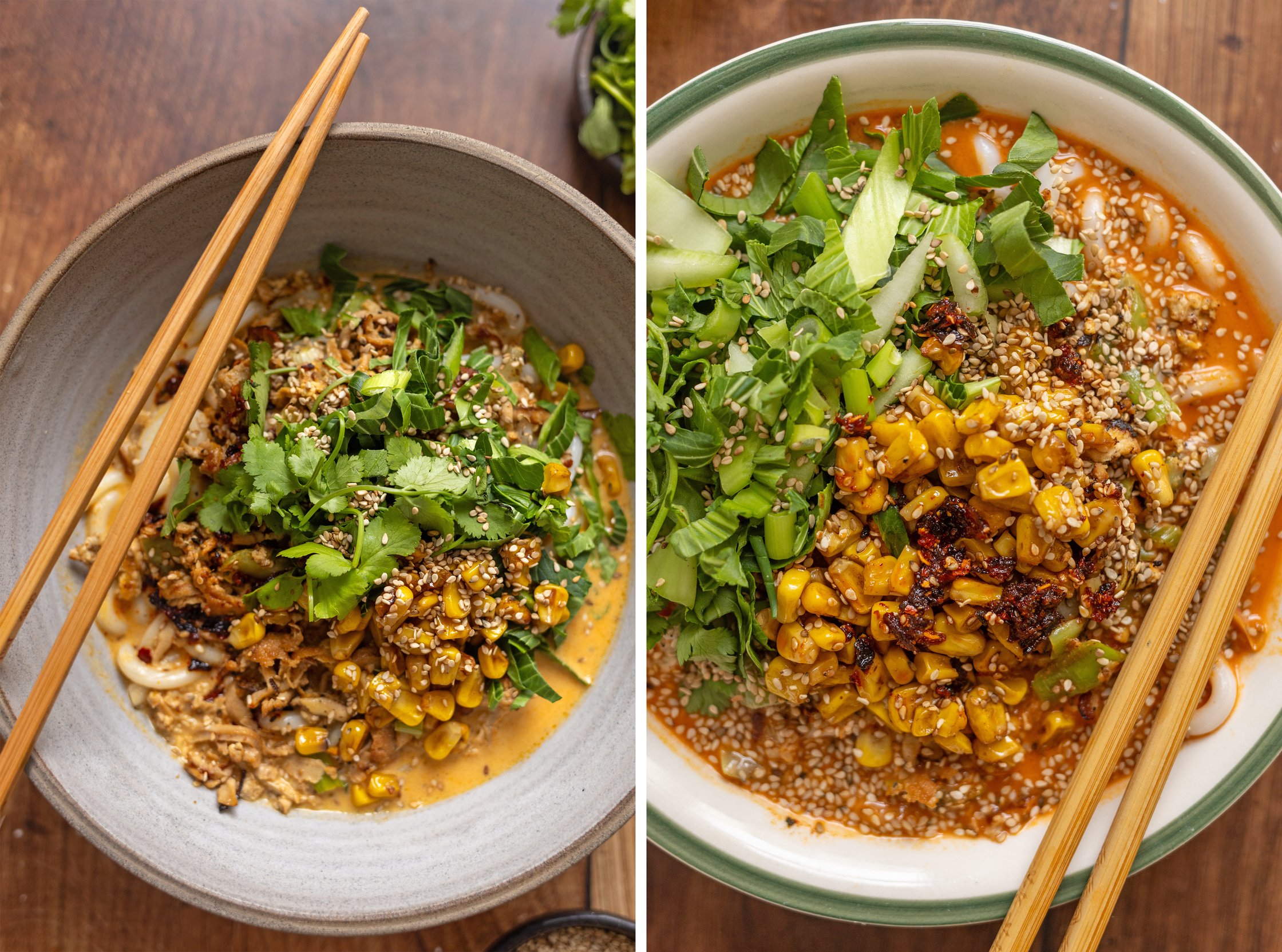 two plates of each yellow and red curry with udon noodles