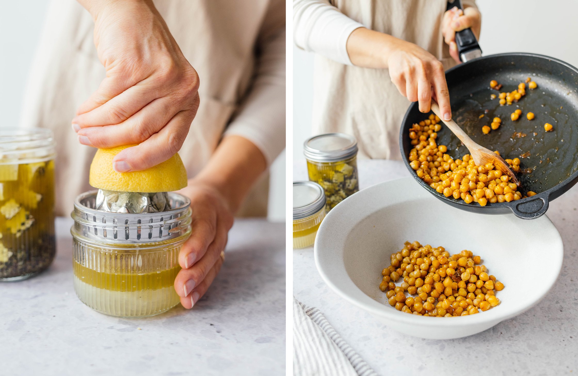 squeezing a lemon for the dressing; adding roasted chickpeas to a big bowl