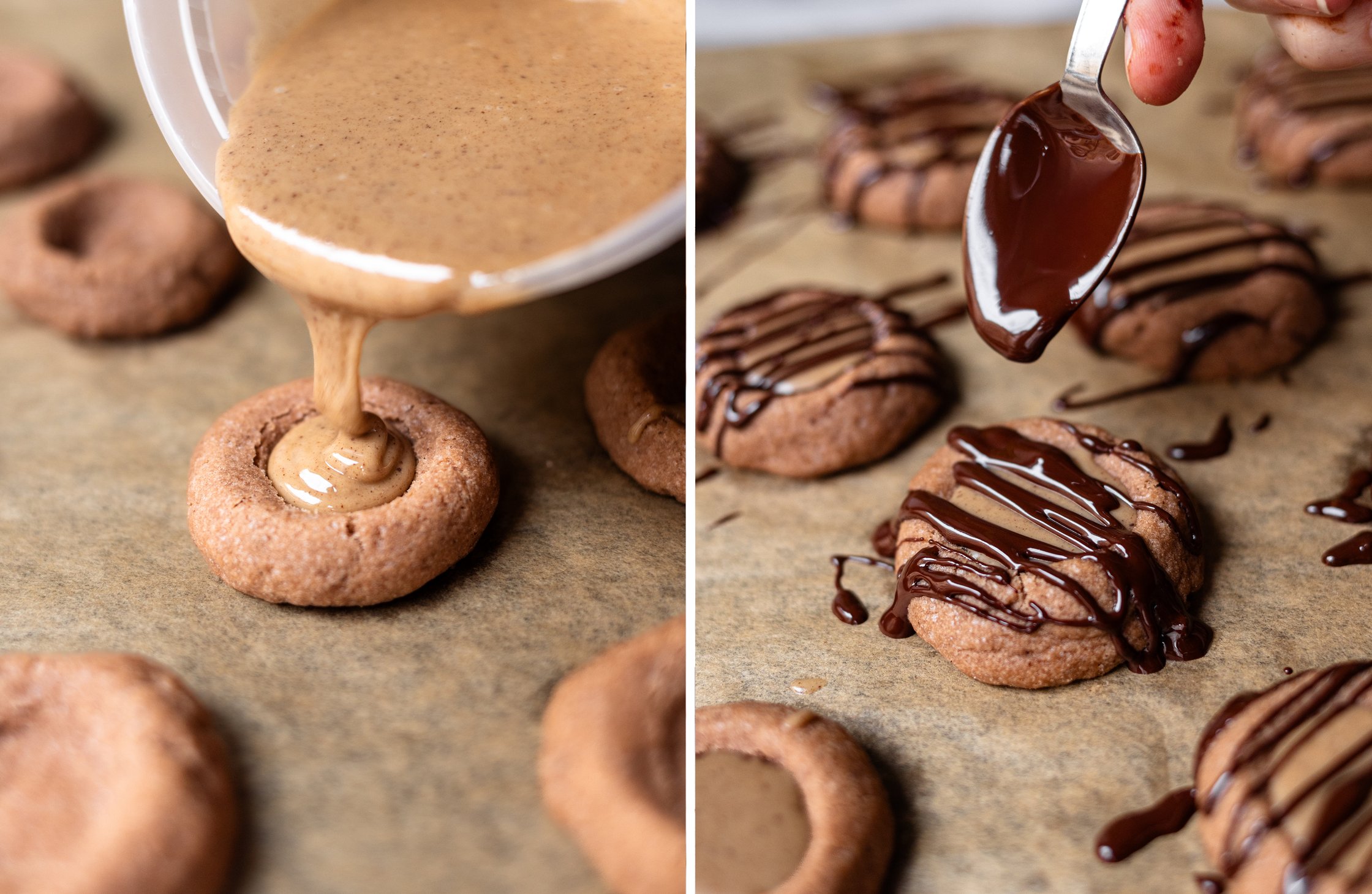filling and decorating cookies with chocolate