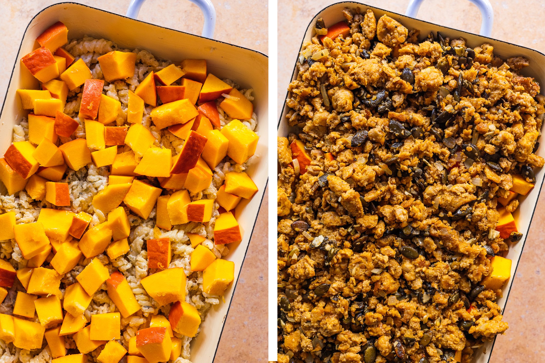 vegan pumpkin pasta bake in a casserole