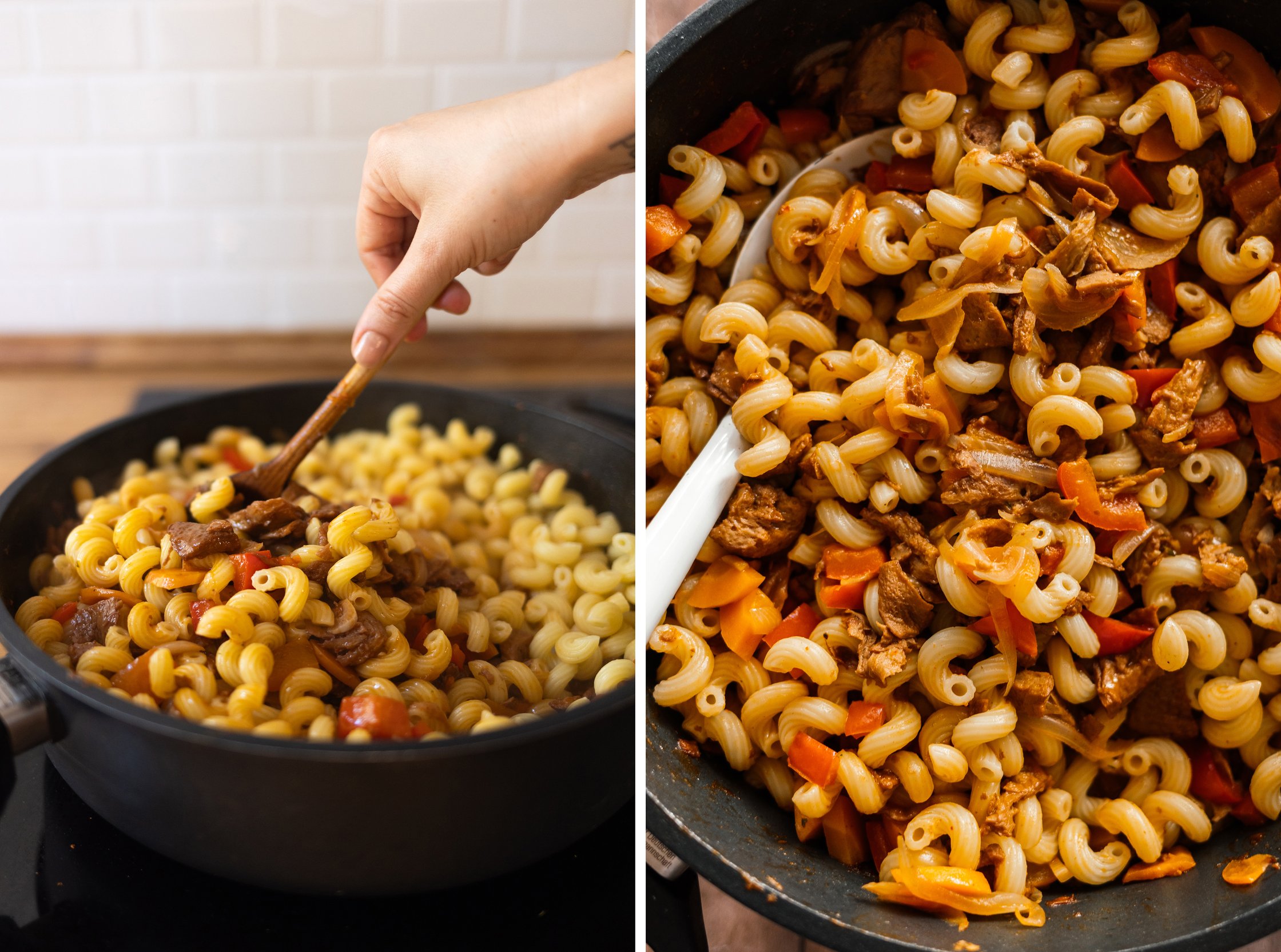 nahaufnahme von Veganem Paprika-Seitan-Gulasch mit Nudeln