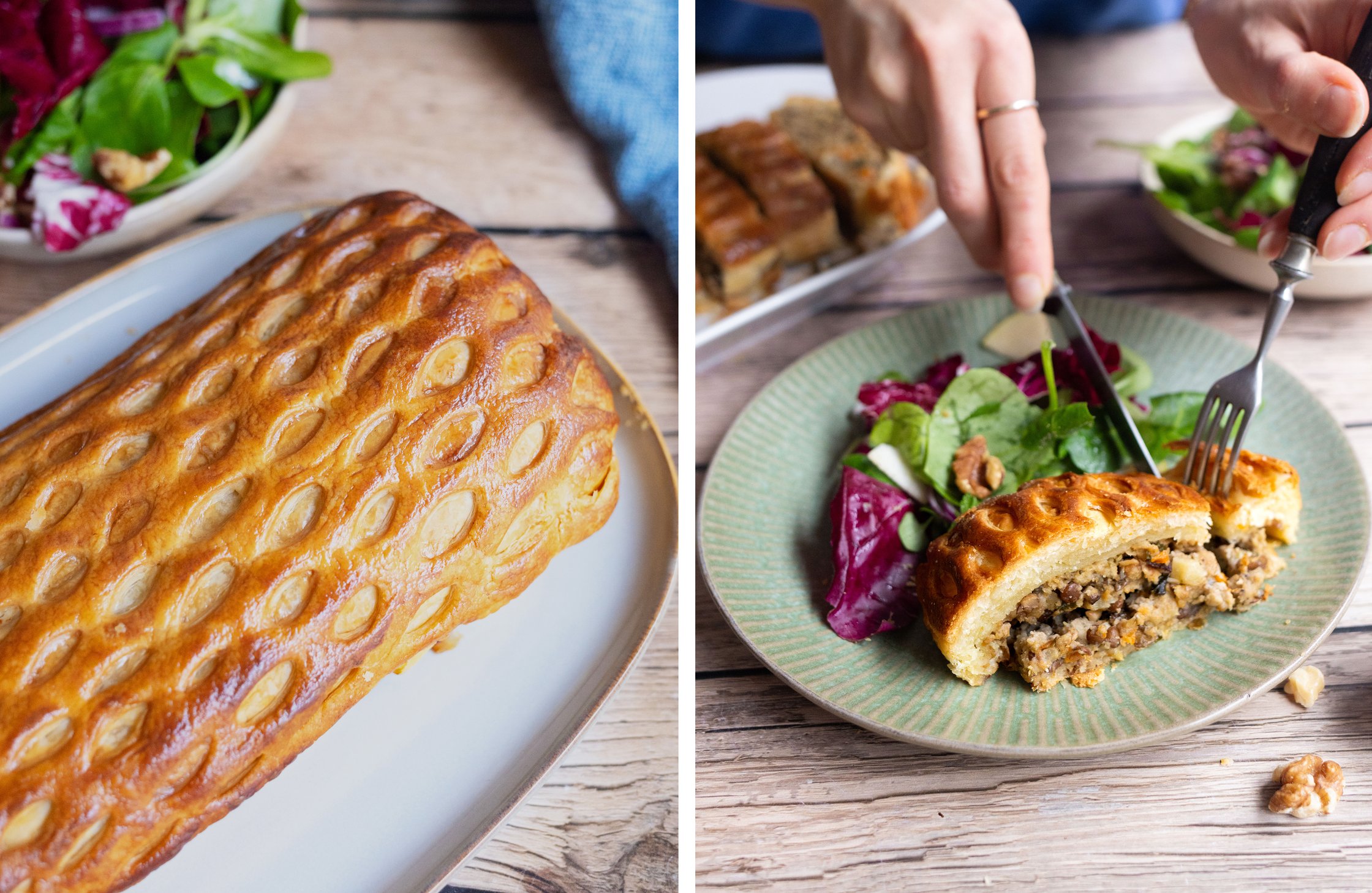 links: Beef Wellington auf Teller
rechts: Beef Wellington angerichtet mit Salat