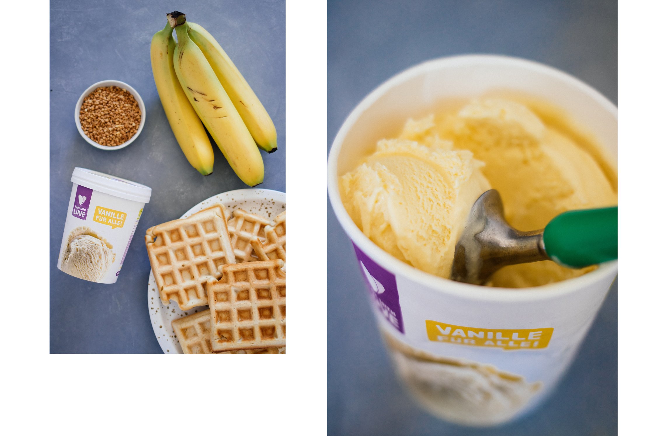 vegan vanilla ice cream next to fresh waffles and bananas