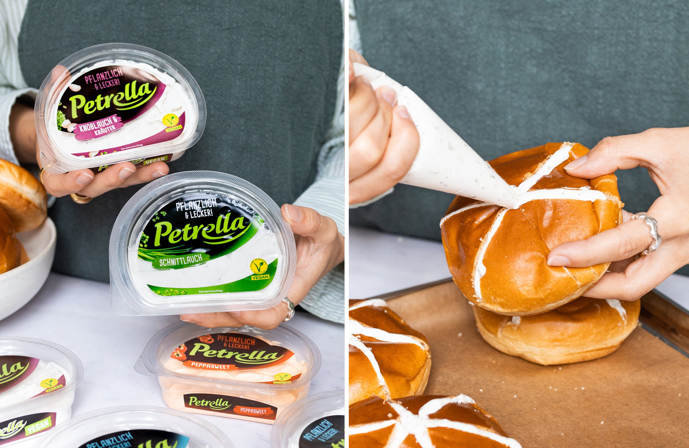 Left: Various Petrella vegan cream cheese products. Right: Cream cheese spread being piped into burger buns.