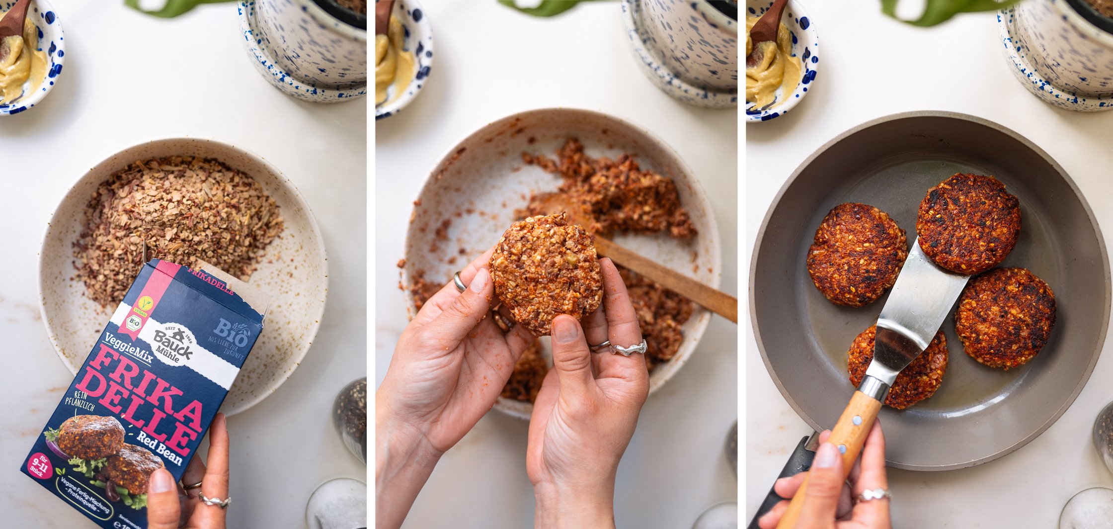 The mixture for the vegan meat patties is prepared, shaped, and the meat patties are fried in a pan.