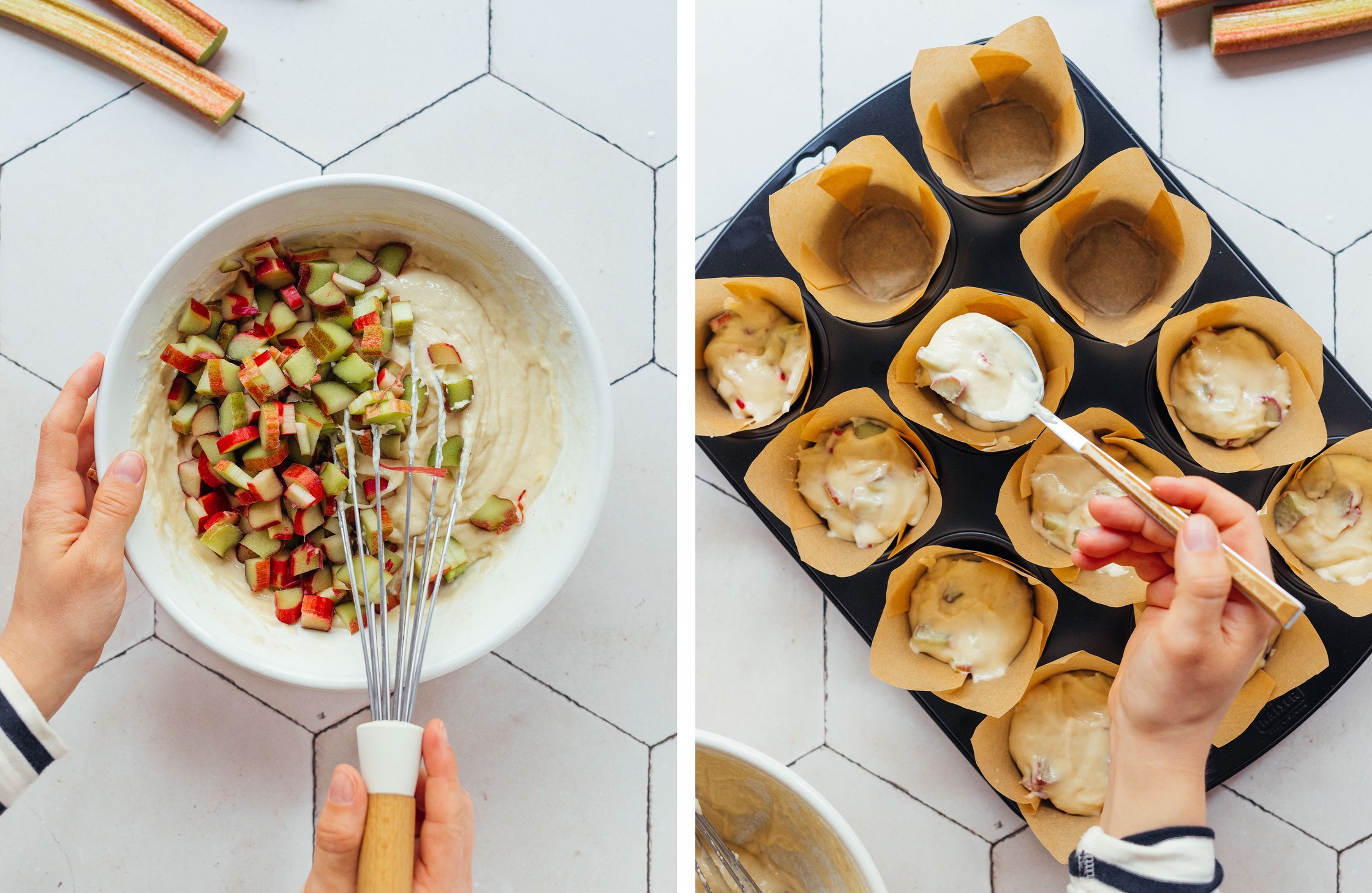 mixing the rhubarb pieces into the dough; filling muffin tins with the dough