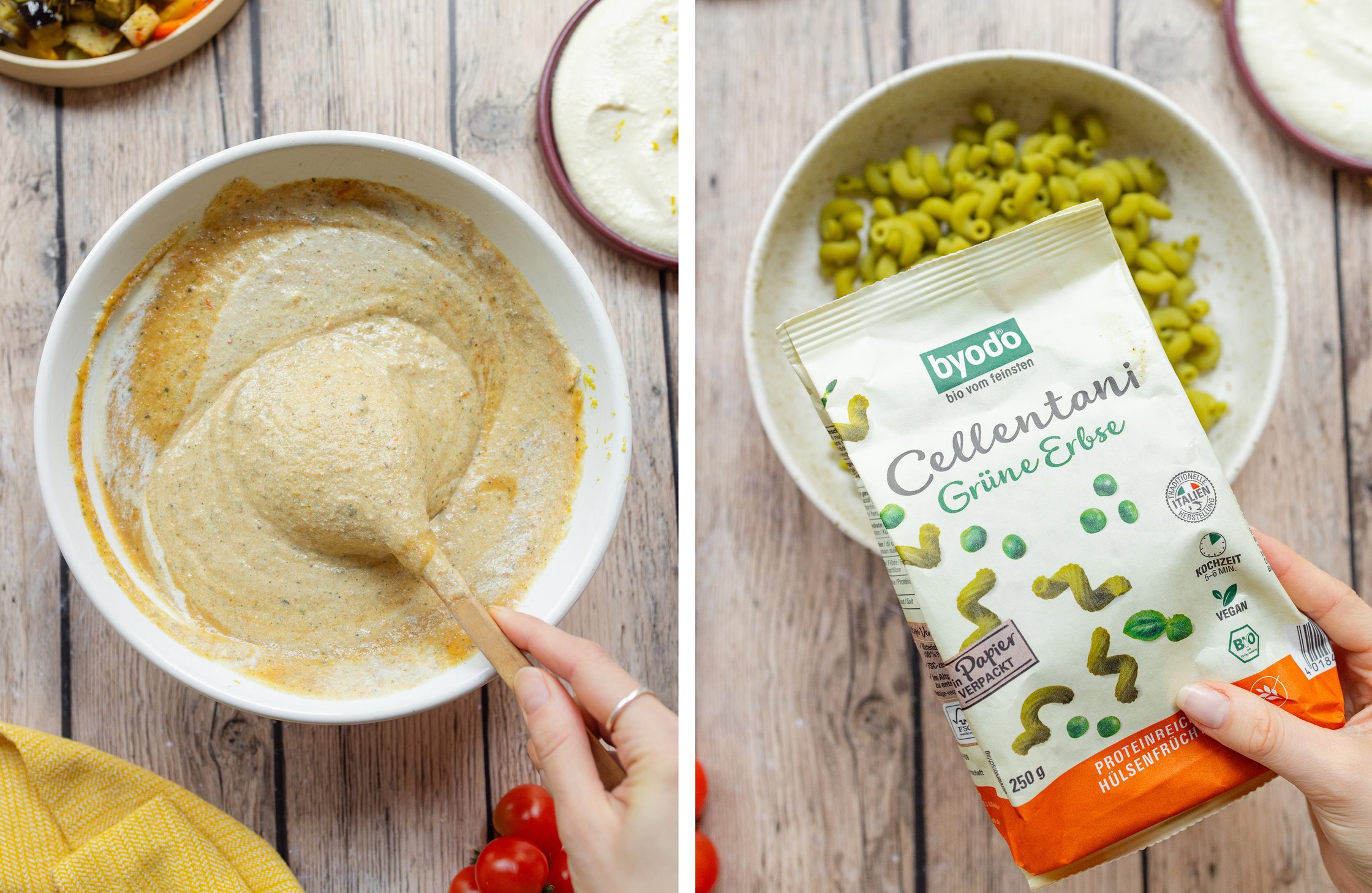 vegane Ricotta-Creme wird angerührt; Erbsen-Nudeln von byodo