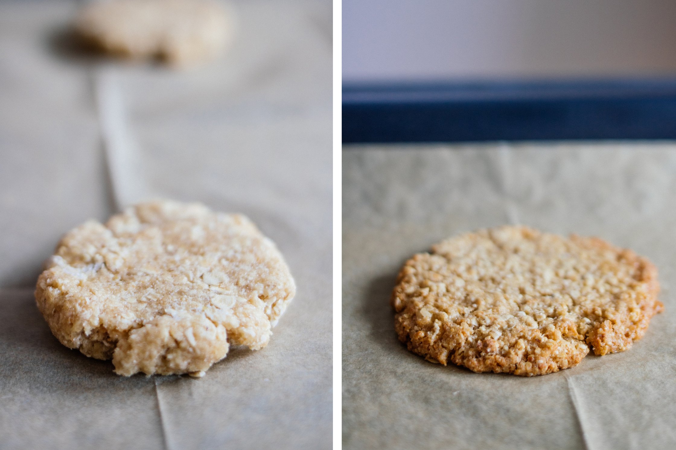 vegan oat cookies before and after baking