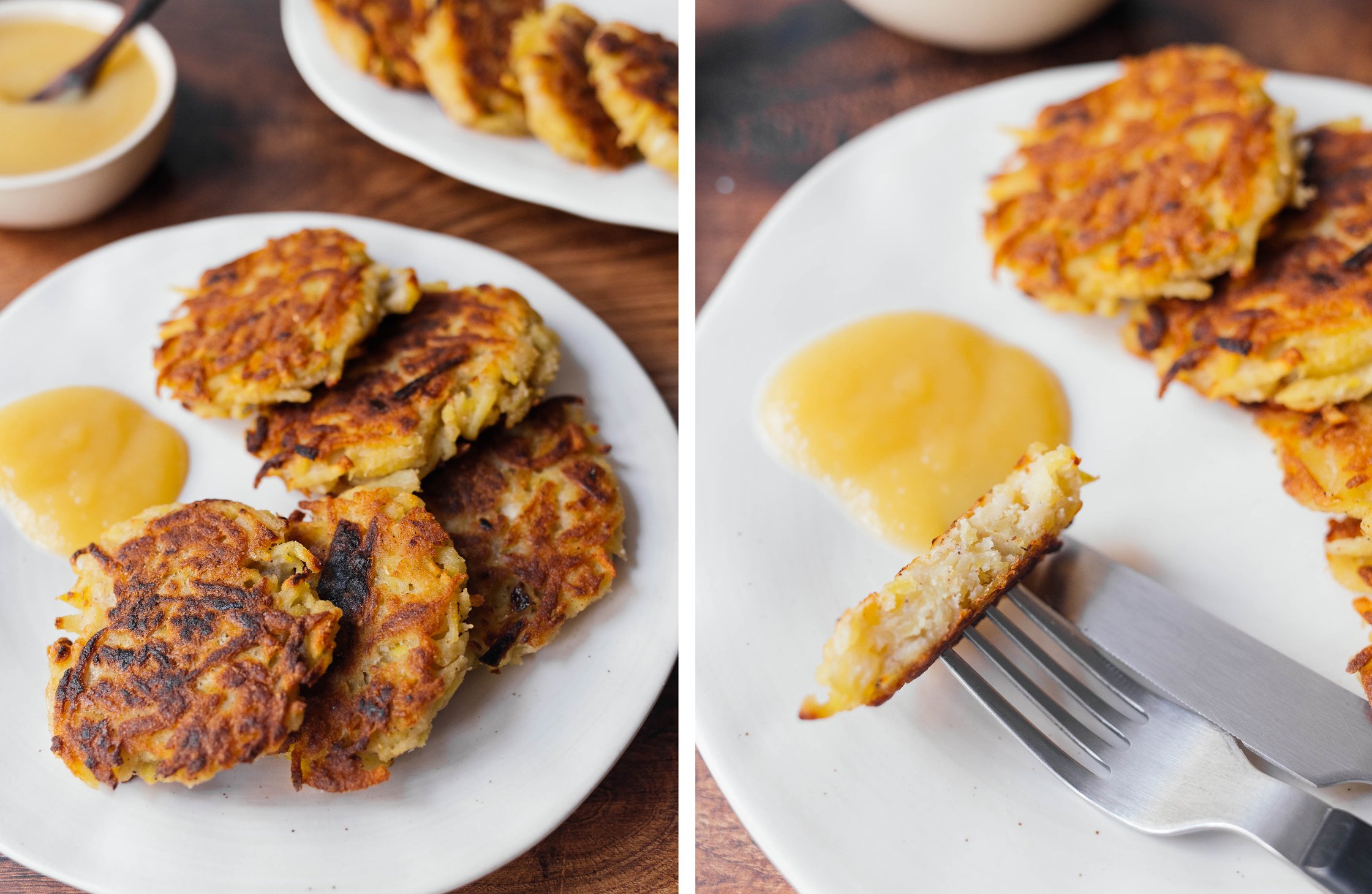 vegan potato pancakes with apple sauce served on a plate; vegan potato pancake cut