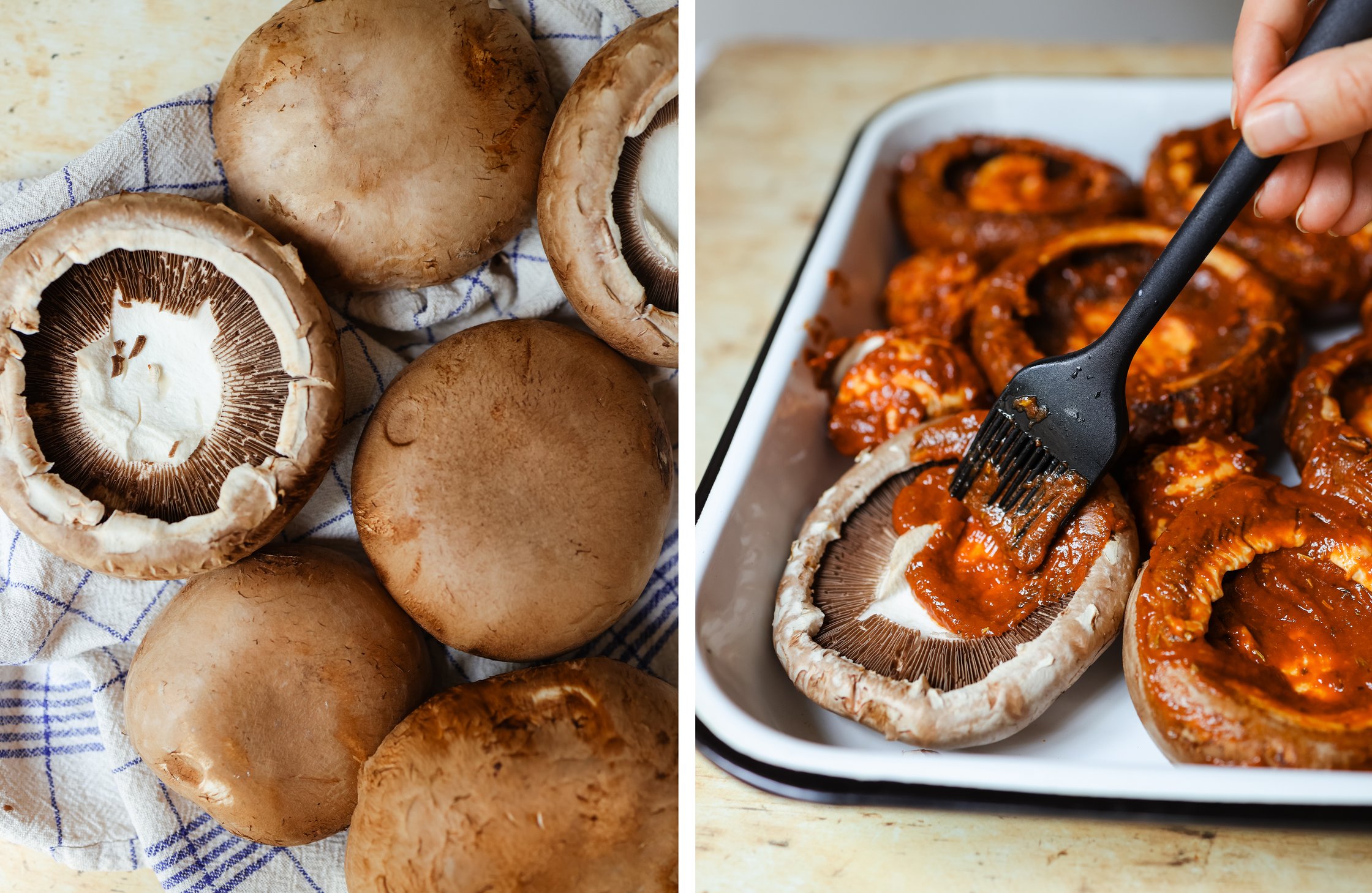 Portobello-Pilze in Nahaufnahme; Pilze werden mit Marinade bestrichen