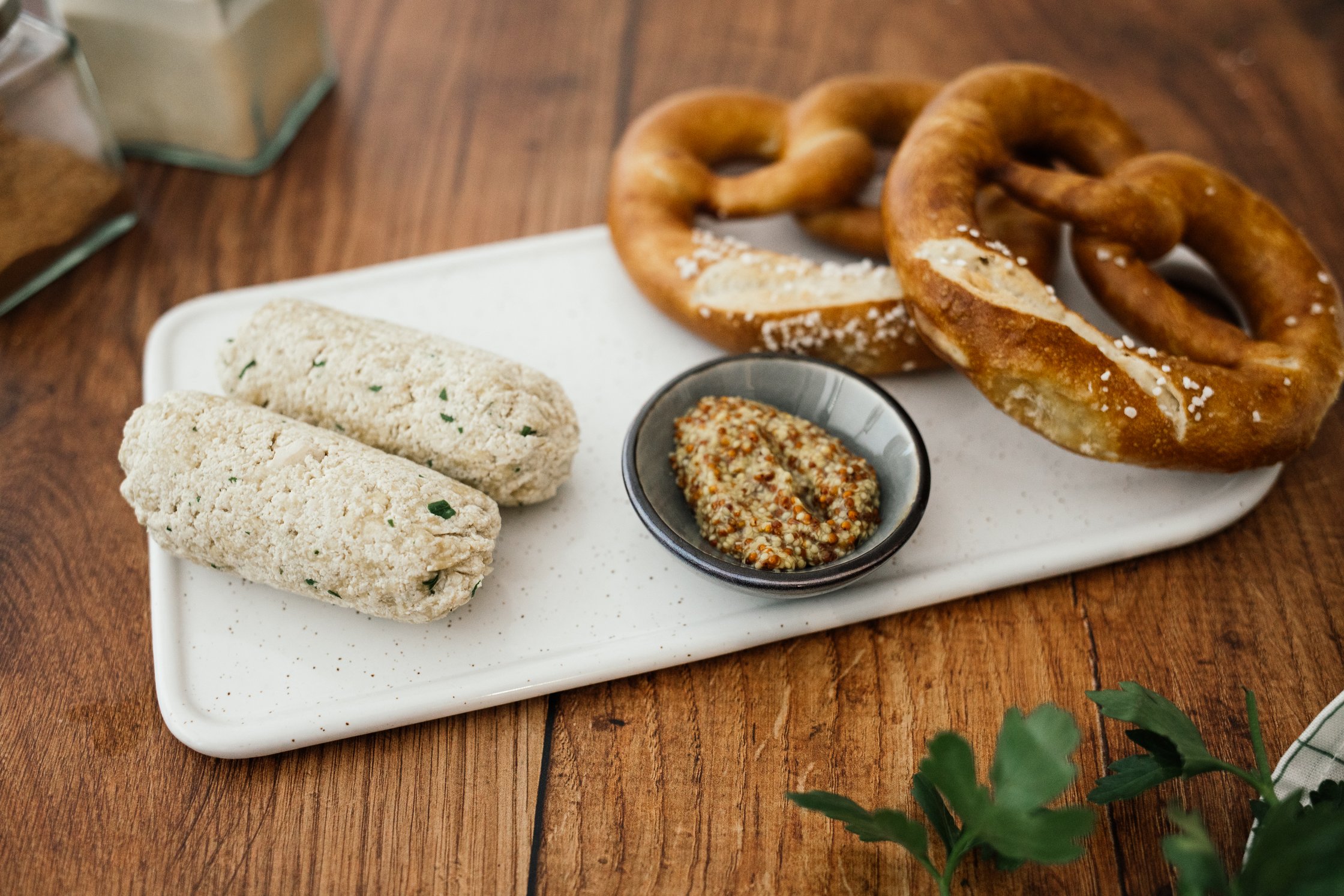 vegan veal sausages with mustard